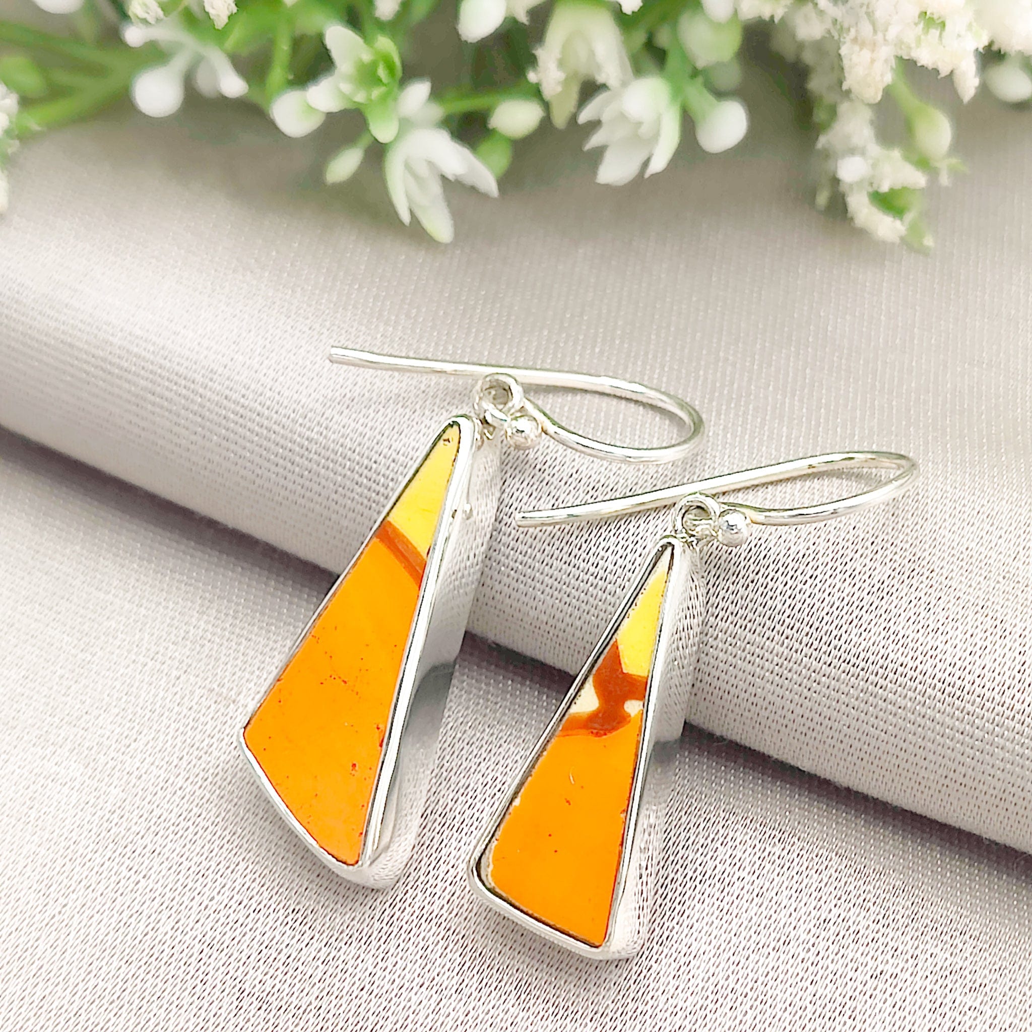 Hepburn and Hughes Art Deco Orange Earrings | Original Clarice Cliff Pottery | Triangle | Sterling Silver