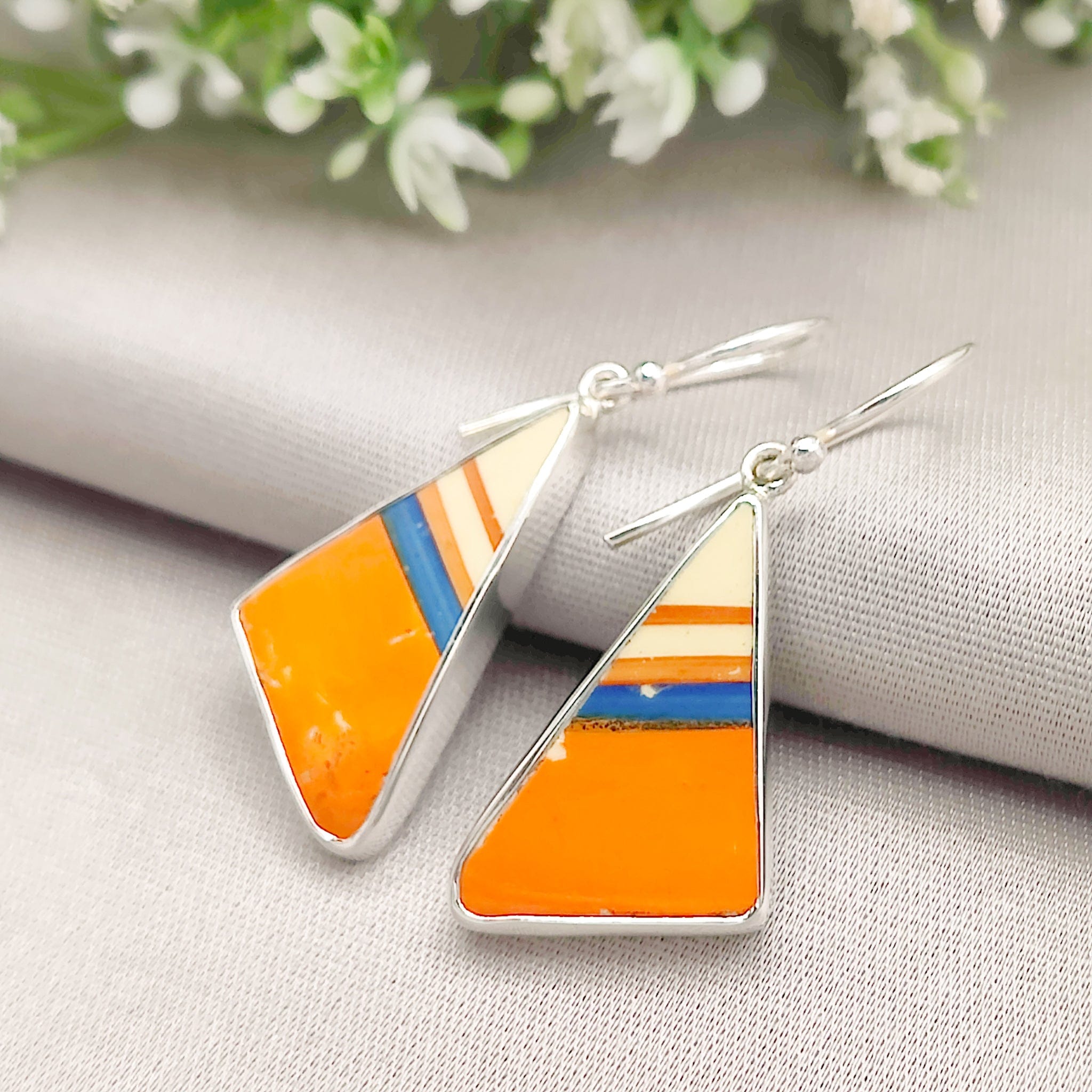 Hepburn and Hughes Art Deco Orange Earrings | Original Clarice Cliff Pottery | Triangle | Sterling Silver