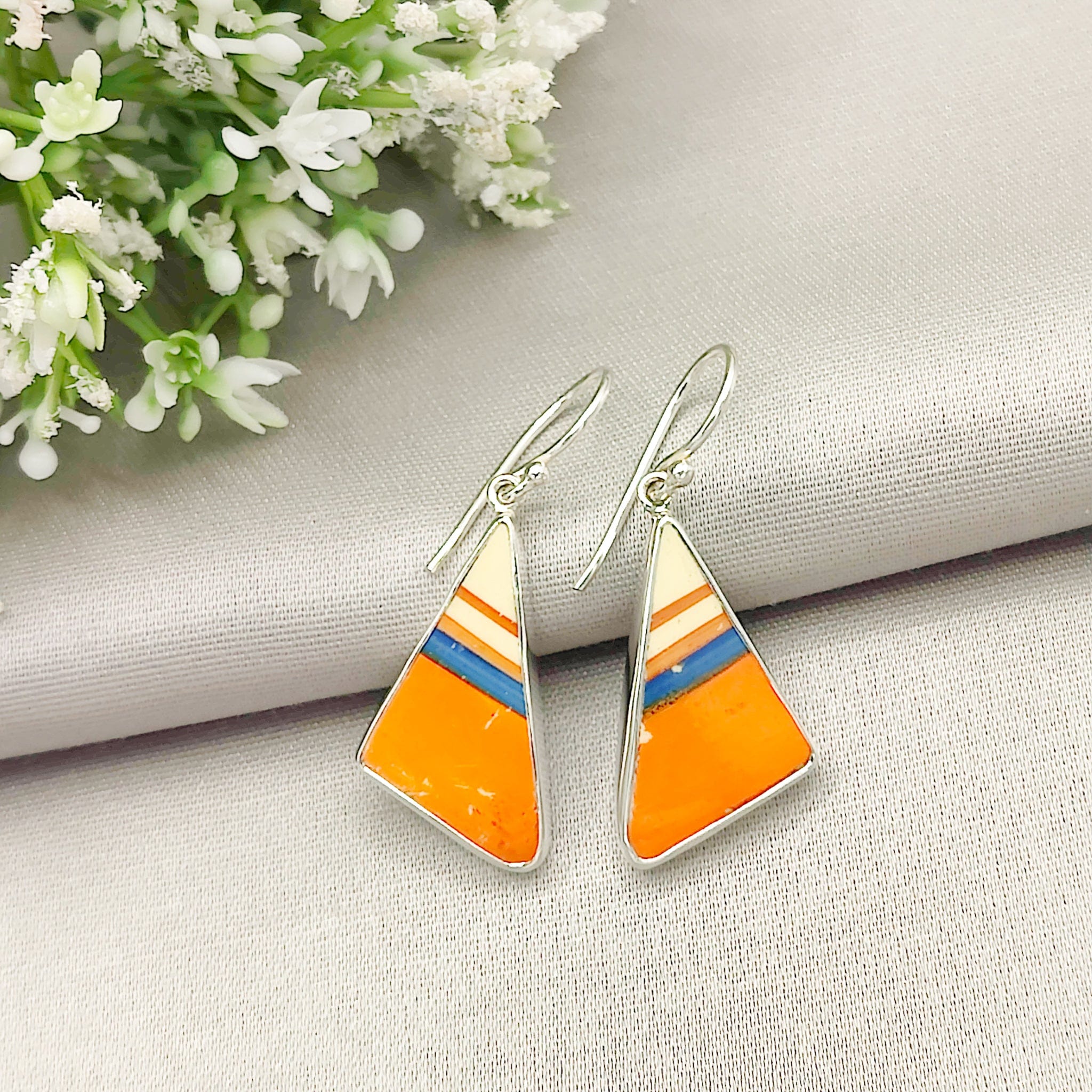 Hepburn and Hughes Art Deco Orange Earrings | Original Clarice Cliff Pottery | Triangle | Sterling Silver