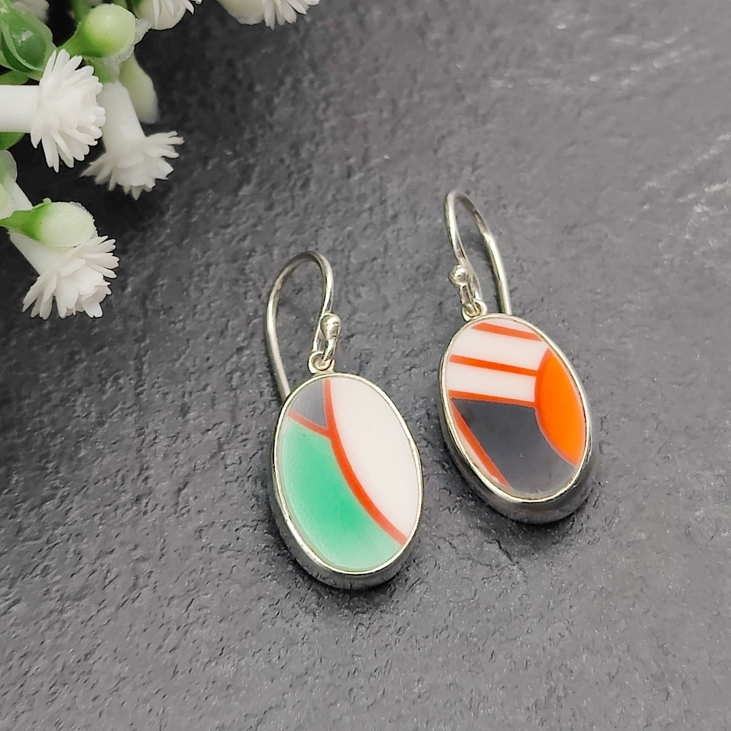 Hepburn and Hughes Art Deco Oval Earrings | Clarice Cliff Ceramics | 3 Options | Sterling Silver