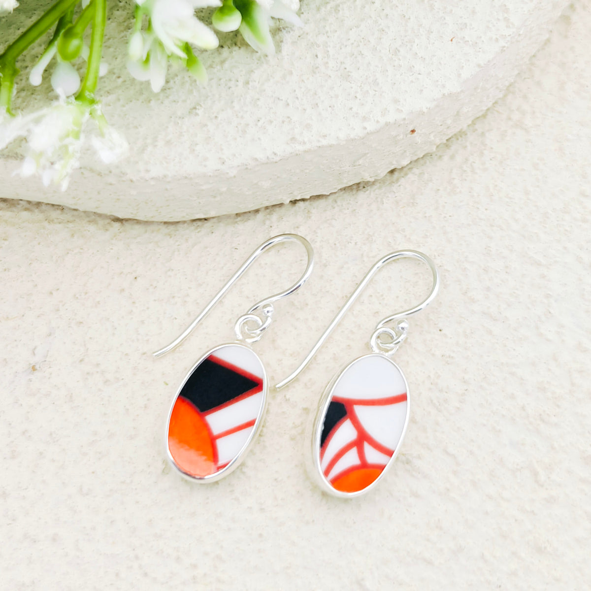 Hepburn and Hughes Art Deco Oval Earrings | Clarice Cliff Ceramics | 3 Options | Sterling Silver