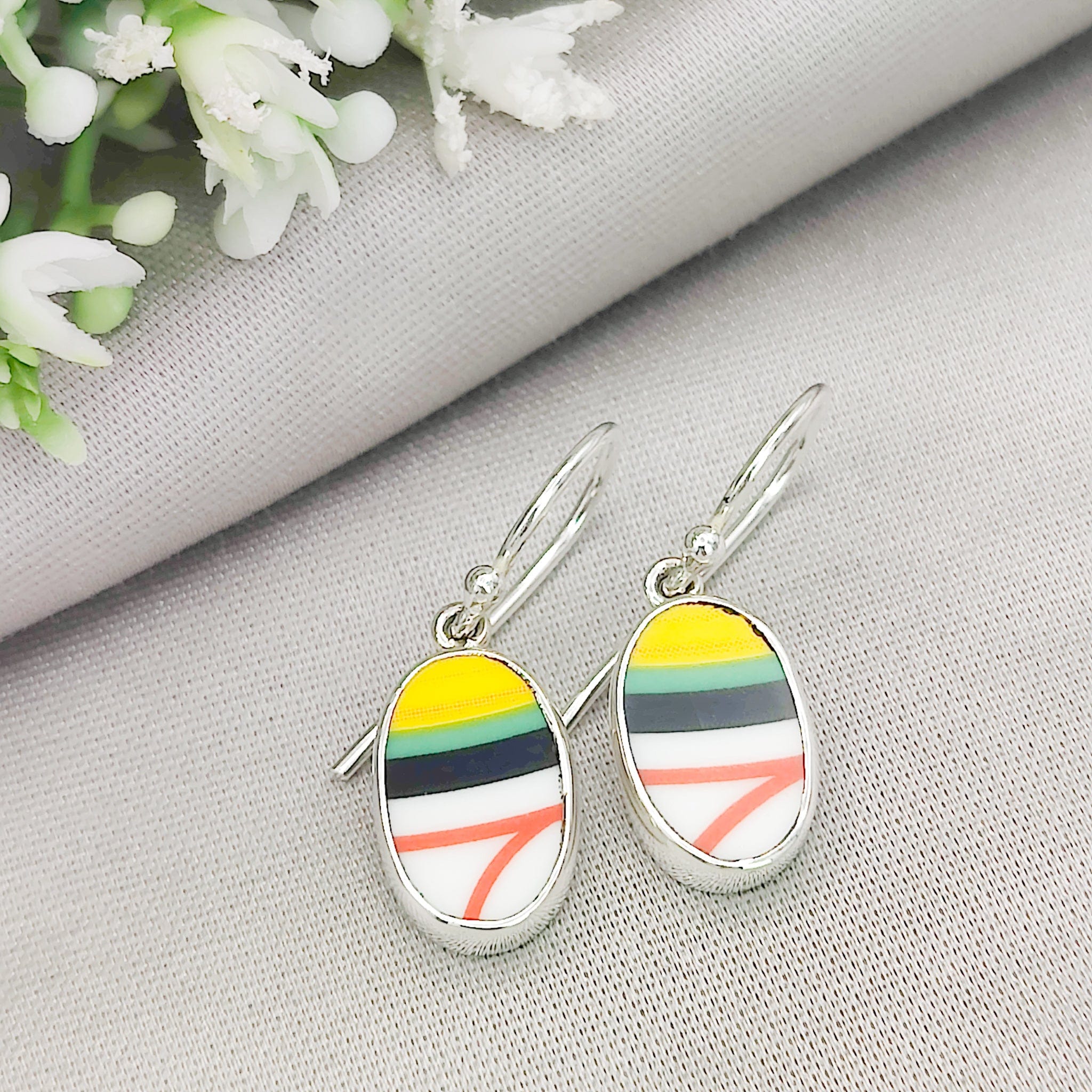 Hepburn and Hughes Art Deco Oval Earrings | Clarice Cliff Ceramics | 9th Anniversary | Sterling Silver