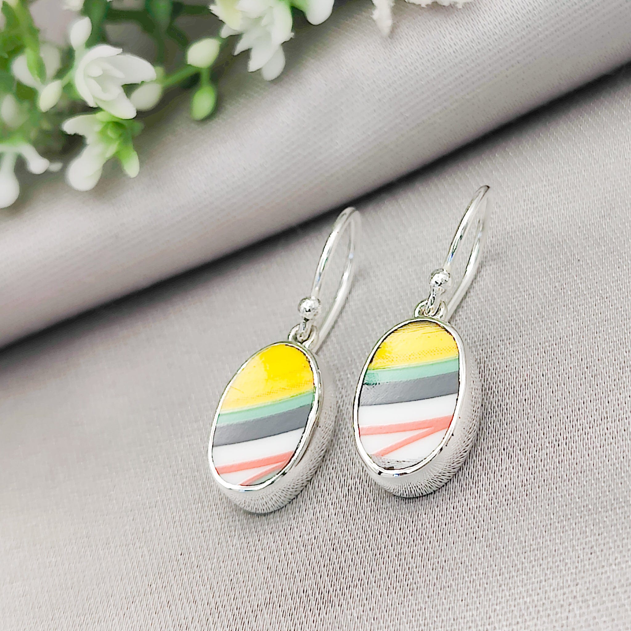 Hepburn and Hughes Art Deco Oval Earrings | Clarice Cliff Ceramics | 9th Anniversary | Sterling Silver