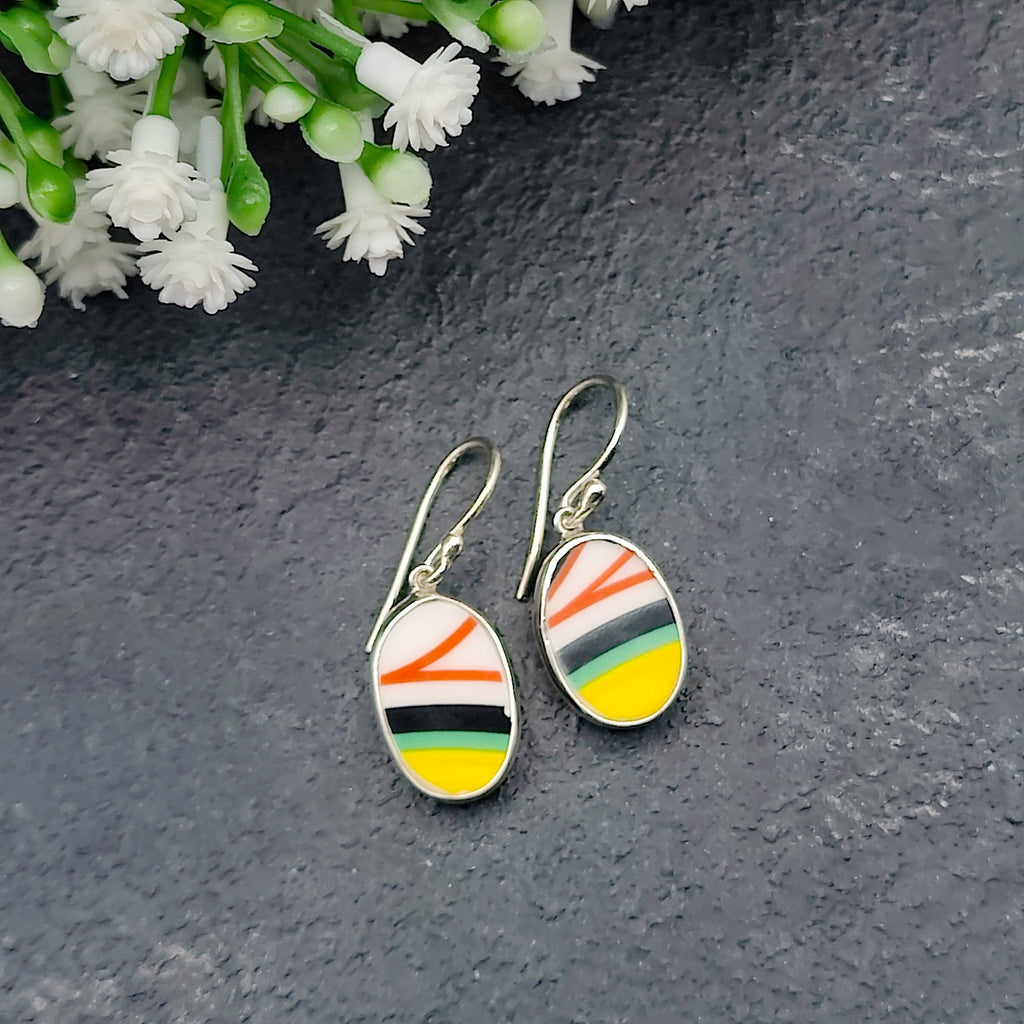 Hepburn and Hughes Art Deco Oval Earrings | Clarice Cliff Ceramics | 9th Anniversary | Sterling Silver