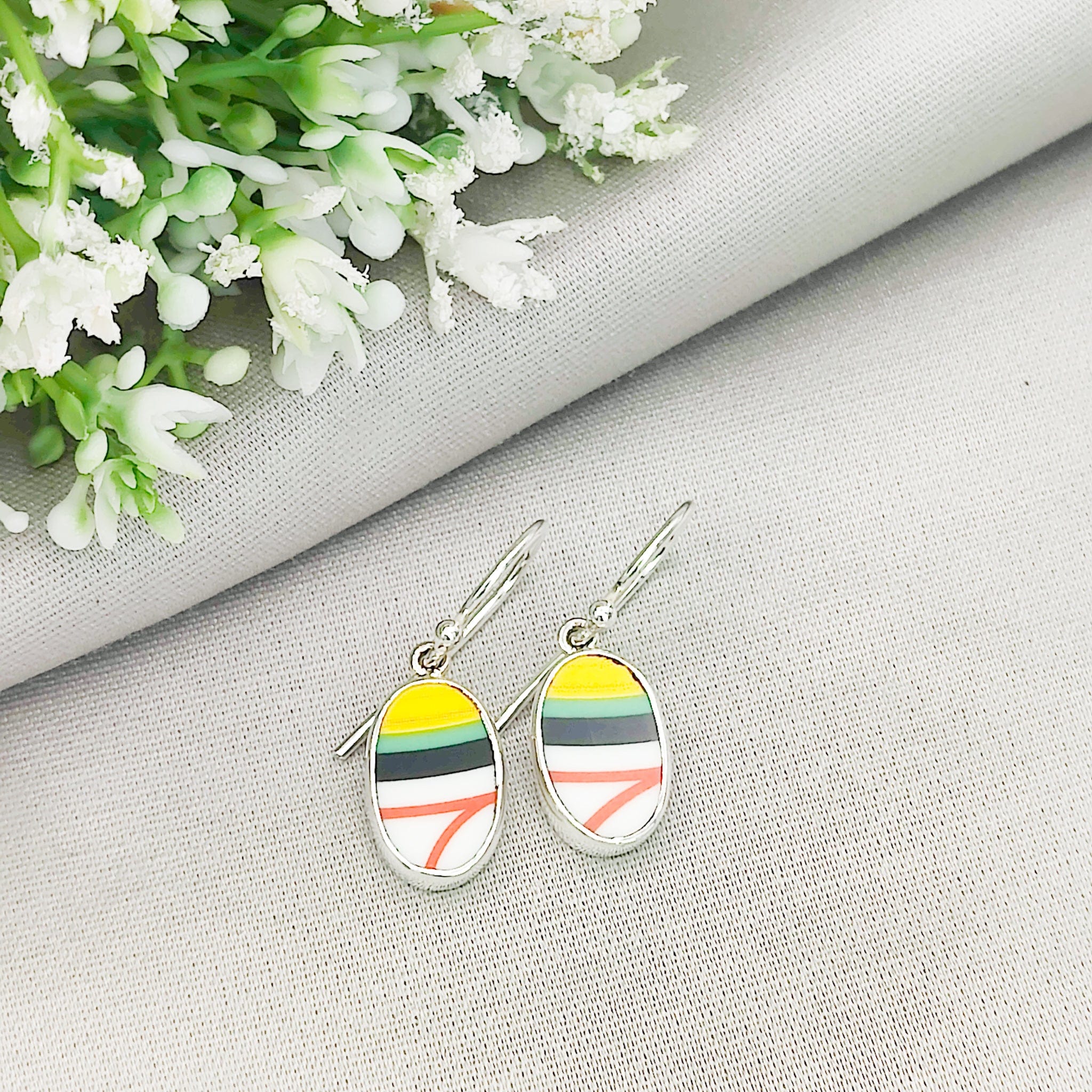 Hepburn and Hughes Art Deco Oval Earrings | Clarice Cliff Ceramics | 9th Anniversary | Sterling Silver