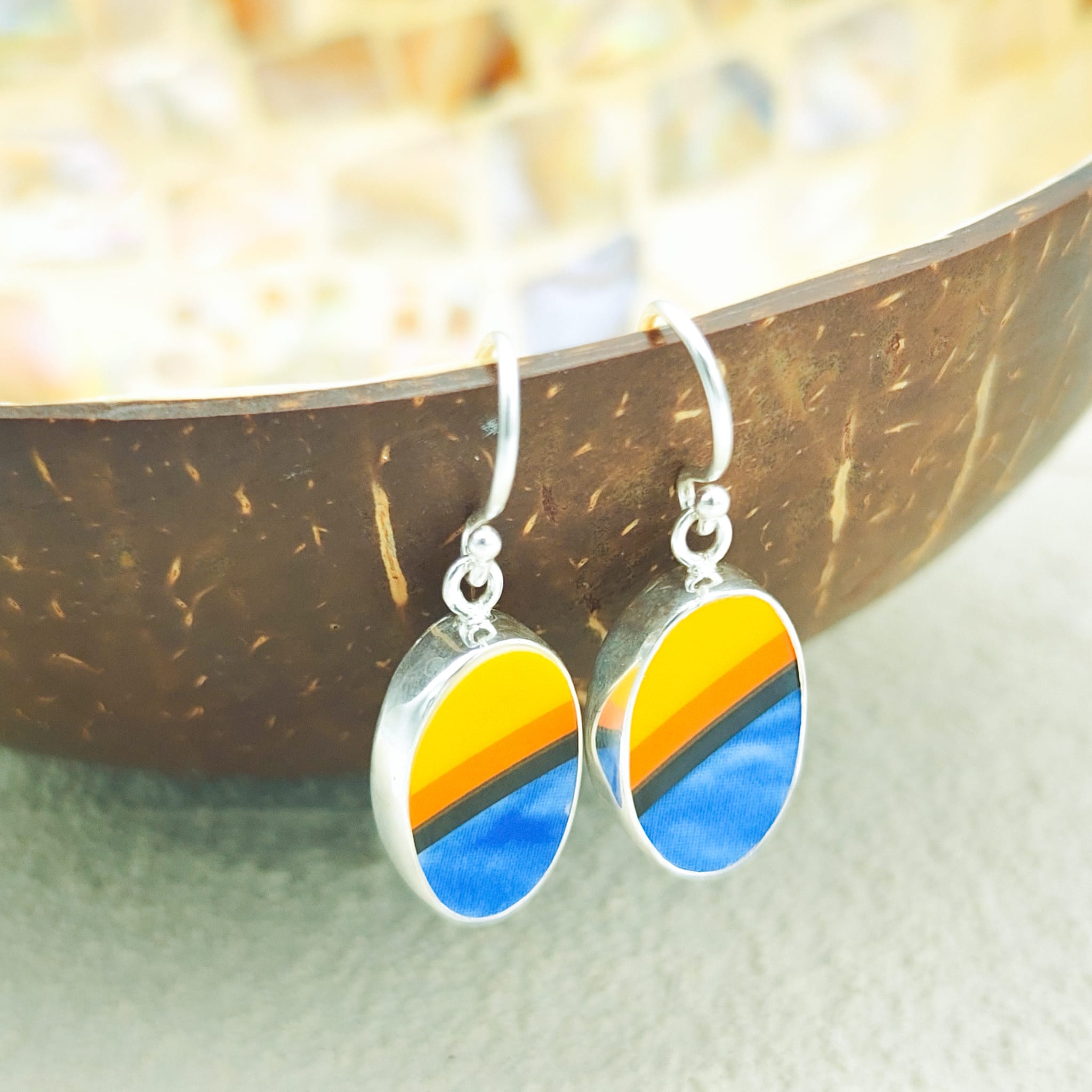 Hepburn and Hughes Art Deco Oval Earrings in Sterling Silver | Clarice Cliff Pottery | Garden Blue design