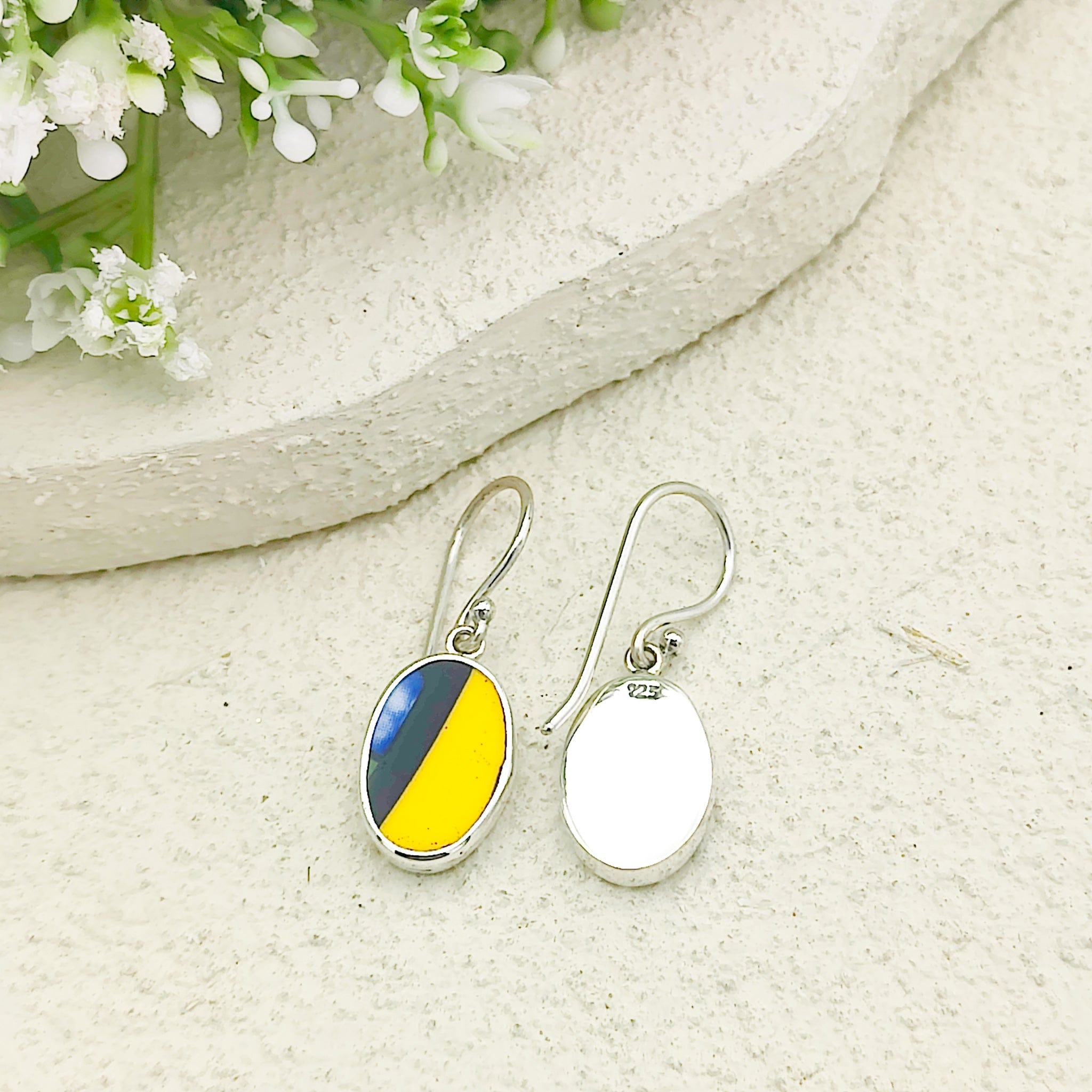 Hepburn and Hughes Art Deco Oval Earrings | Upcycled Clarice Cliff Ceramics | Green and Blue Ovals | Sterling Silver