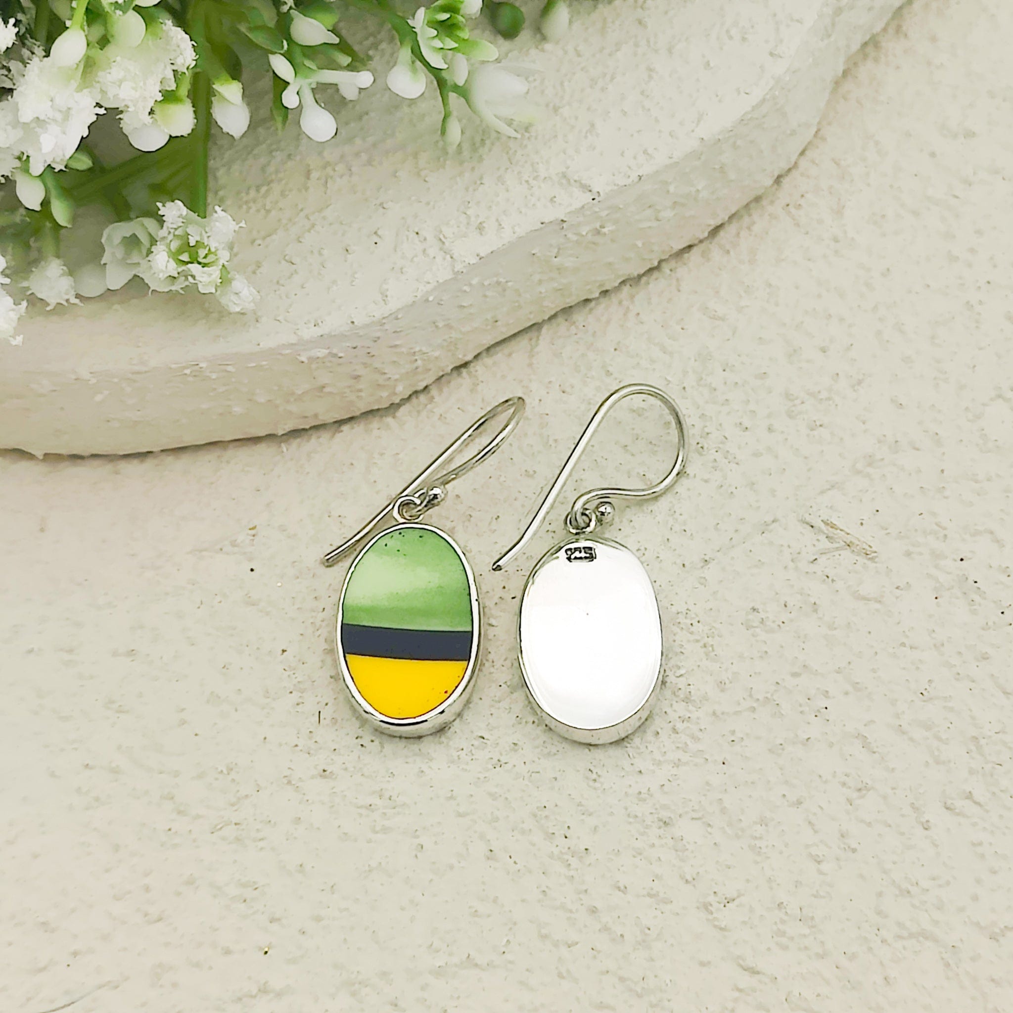 Hepburn and Hughes Art Deco Oval Earrings | Upcycled Clarice Cliff Ceramics | Green and Blue Ovals | Sterling Silver