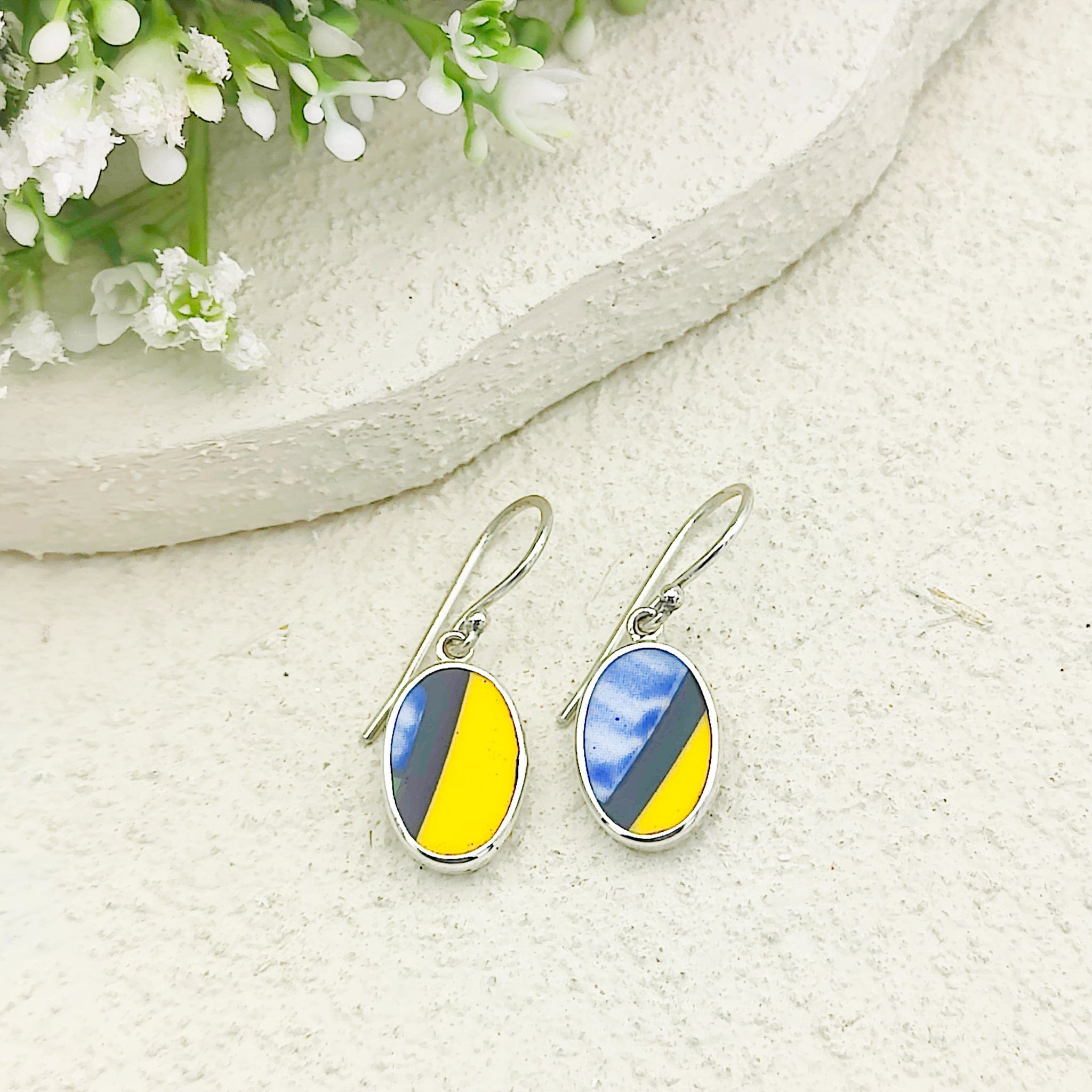Hepburn and Hughes Art Deco Oval Earrings | Upcycled Clarice Cliff Ceramics | Green and Blue Ovals | Sterling Silver