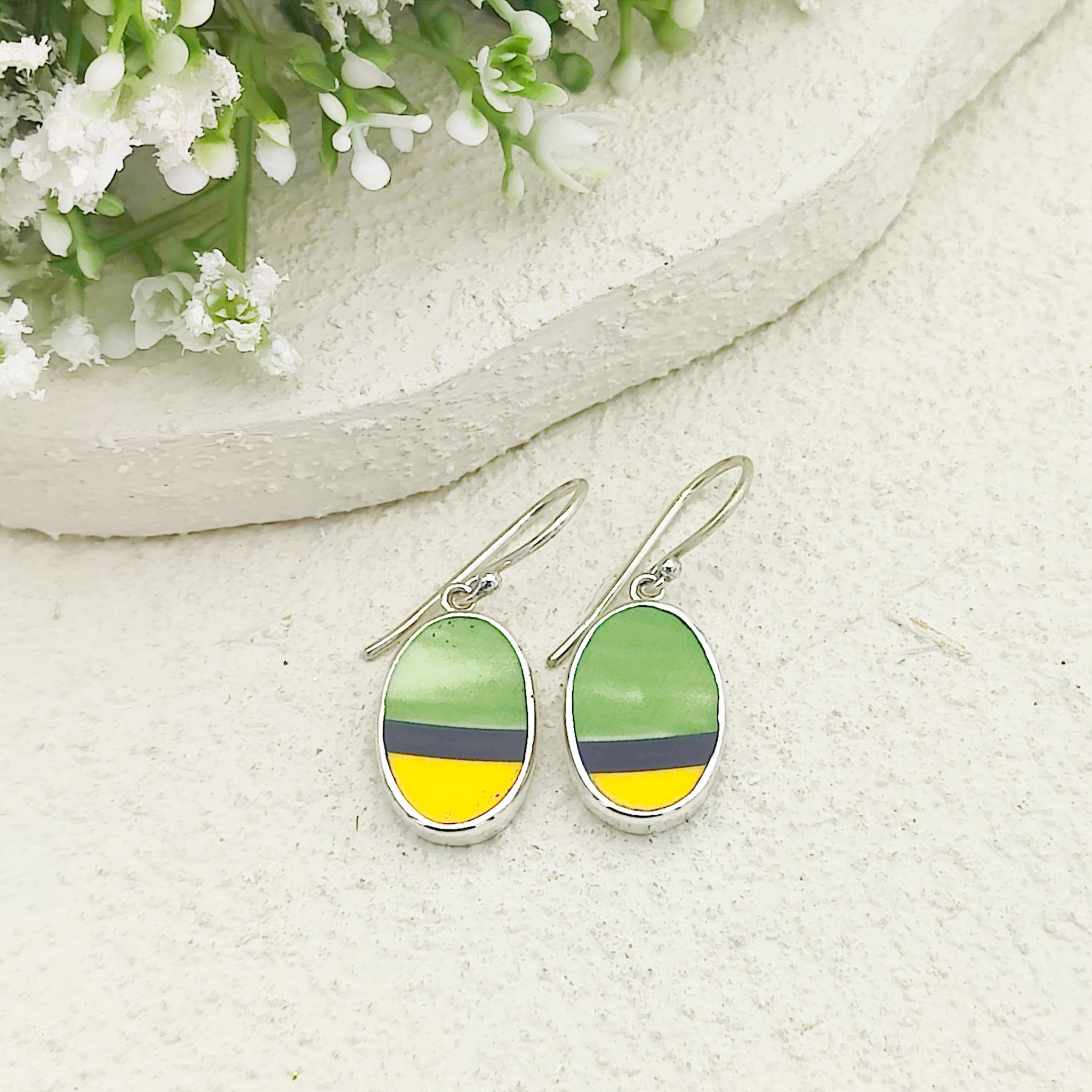 Hepburn and Hughes Art Deco Oval Earrings | Upcycled Clarice Cliff Ceramics | Green and Blue Ovals | Sterling Silver