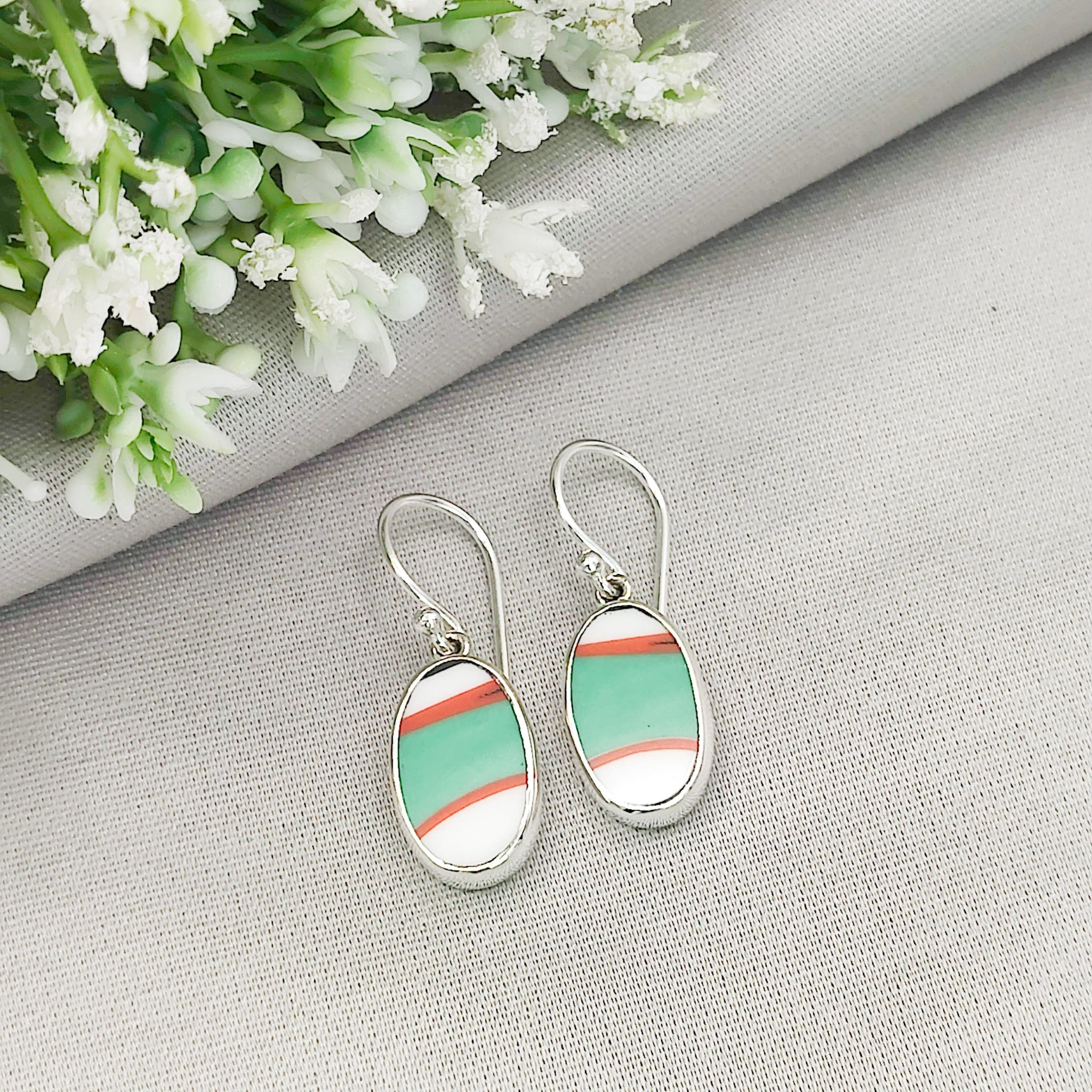 Hepburn and Hughes Art Deco Oval Earrings | Upcycled Clarice Cliff Ceramics | Sterling Silver