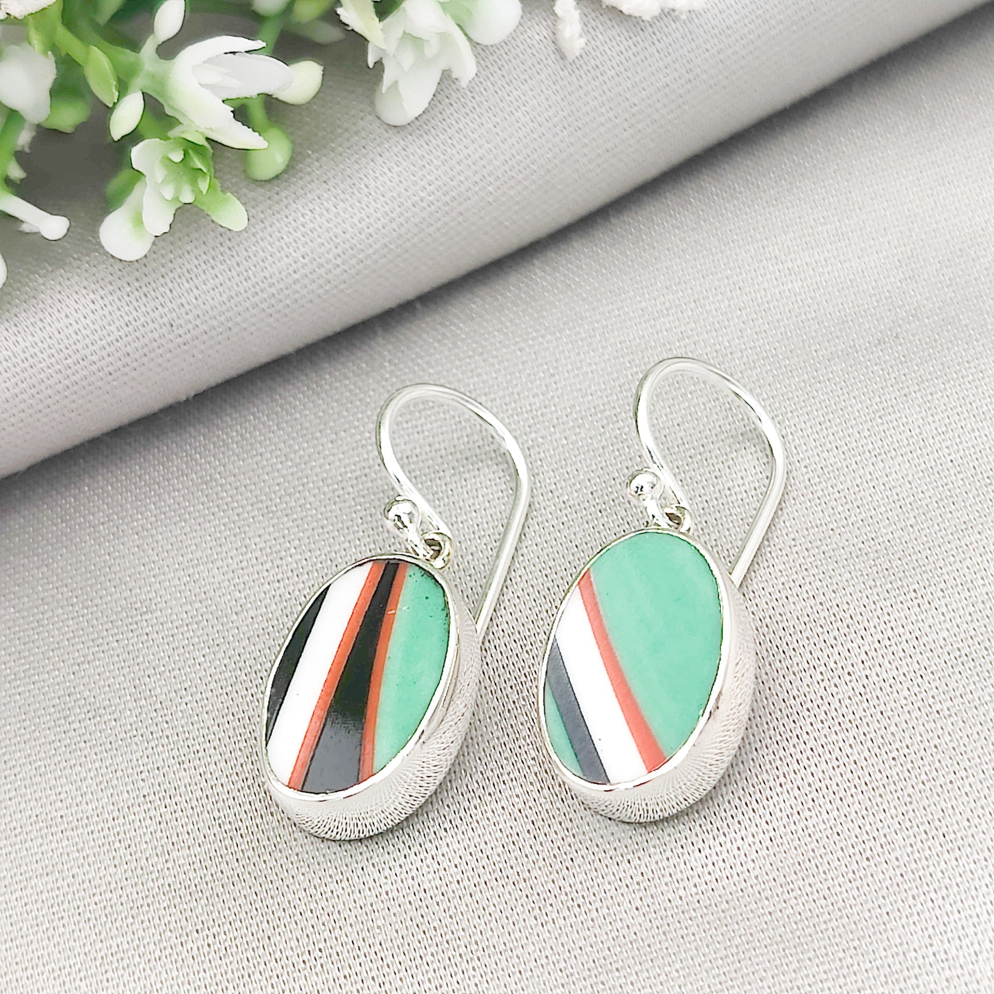 Hepburn and Hughes Art Deco Oval Earrings | Upcycled Clarice Cliff Ceramics | Sterling Silver