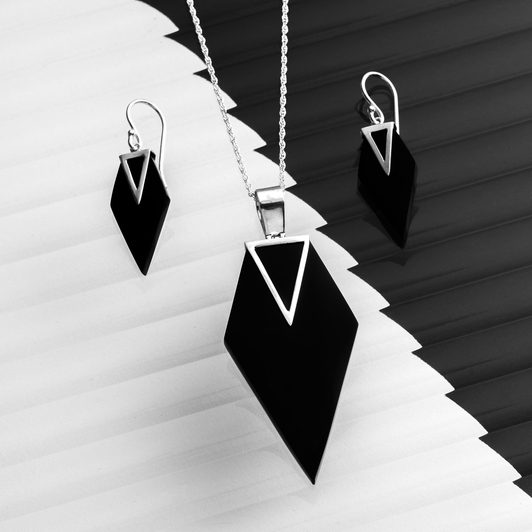 Hepburn and Hughes Art Deco Pendant and Earrings Set | Diamond Design | Sterling Silver and Black Resin