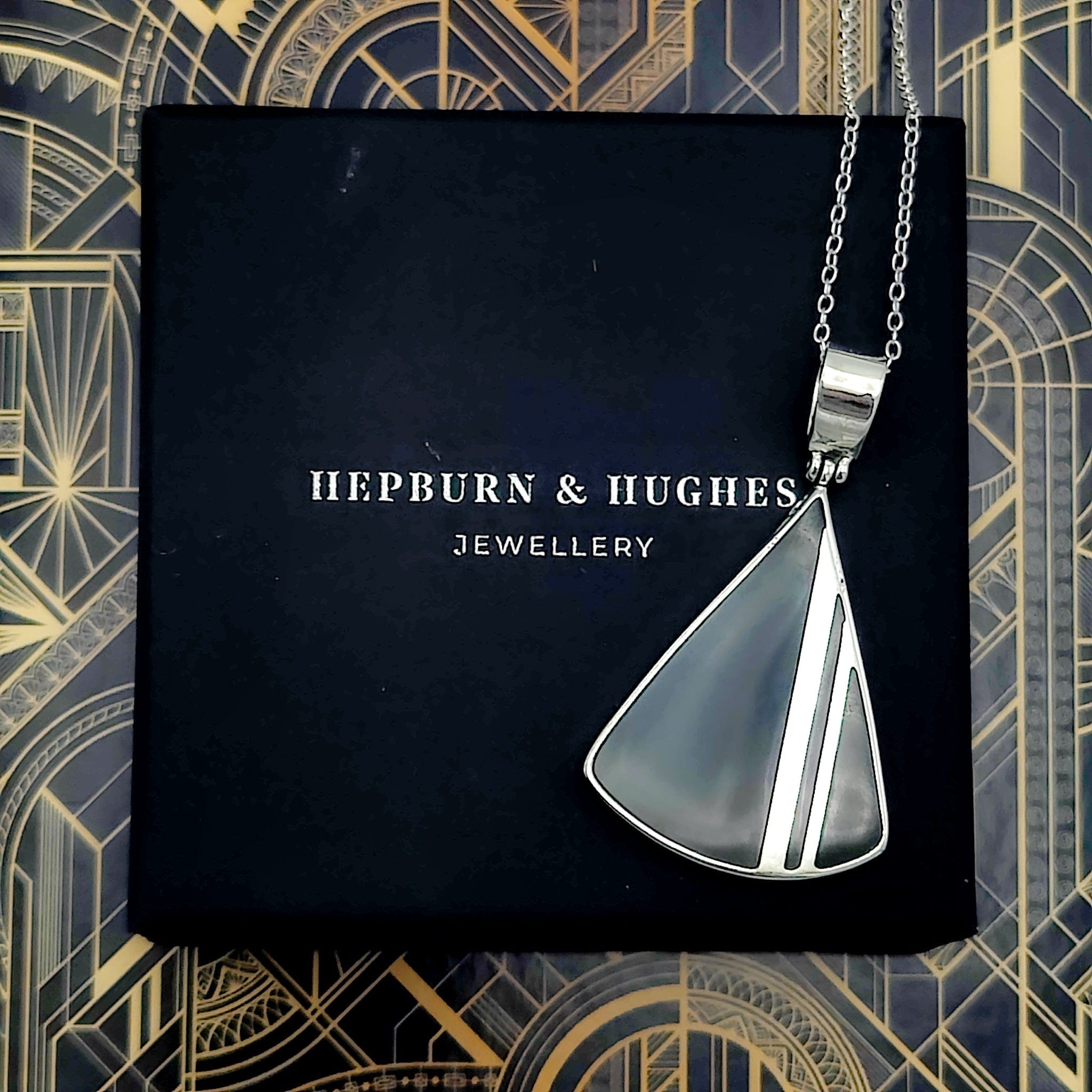 Hepburn and Hughes Art Deco Pendant | Black and Silver Triangle | Sterling Silver