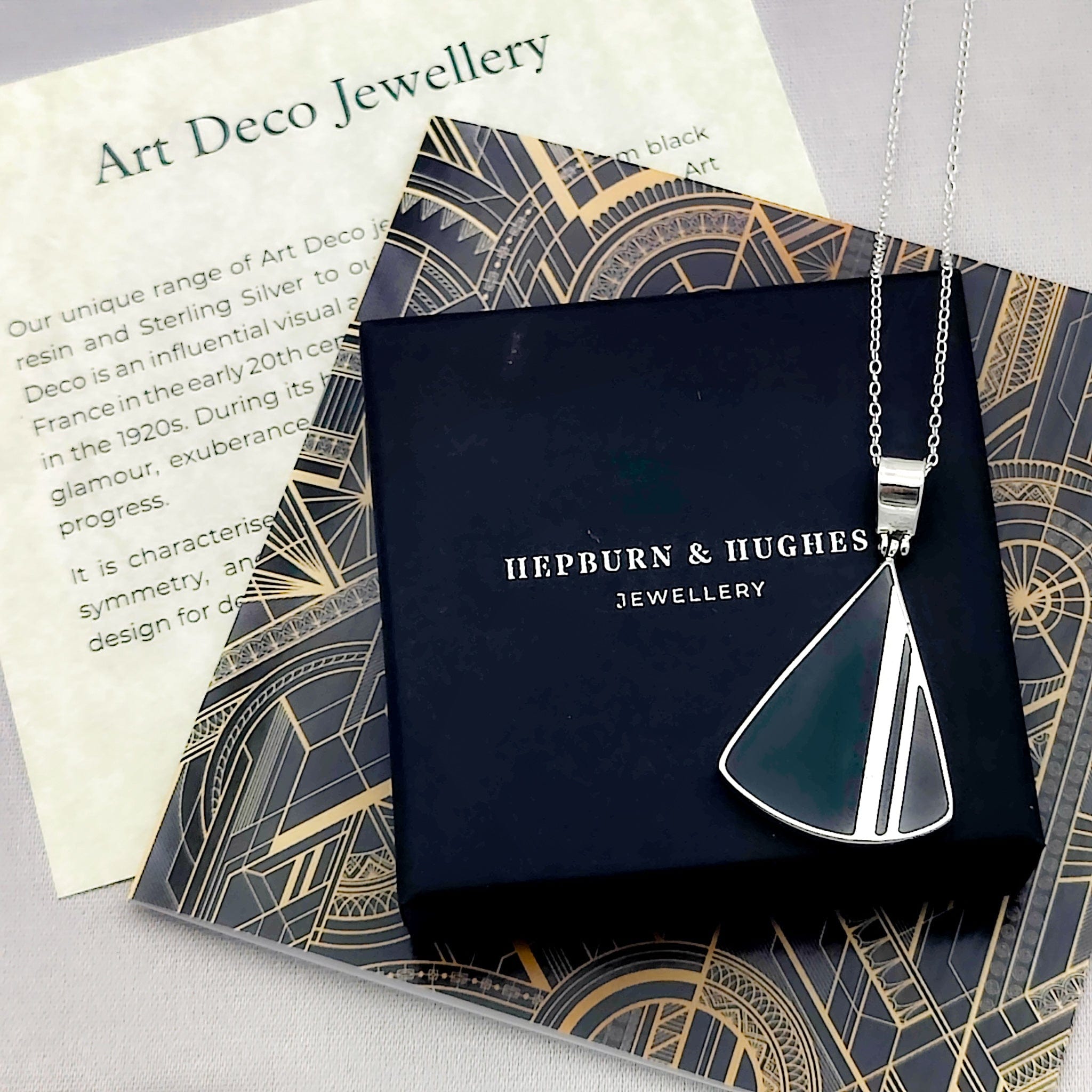 Hepburn and Hughes Art Deco Pendant | Black and Silver Triangle | Sterling Silver