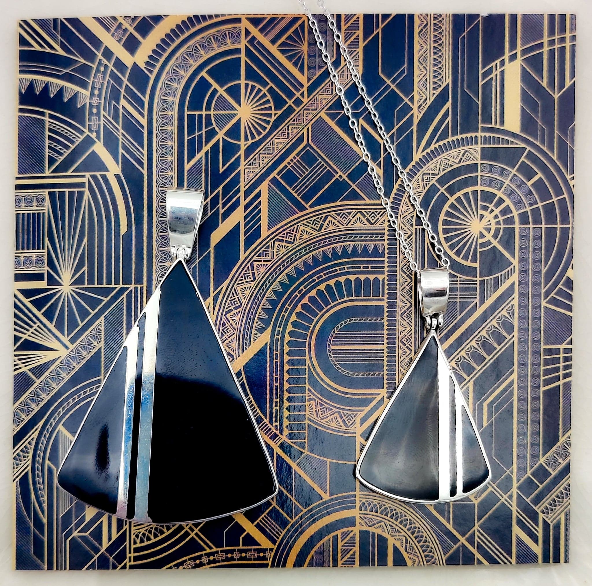 Hepburn and Hughes Art Deco Pendant | Black and Silver Triangle | Sterling Silver