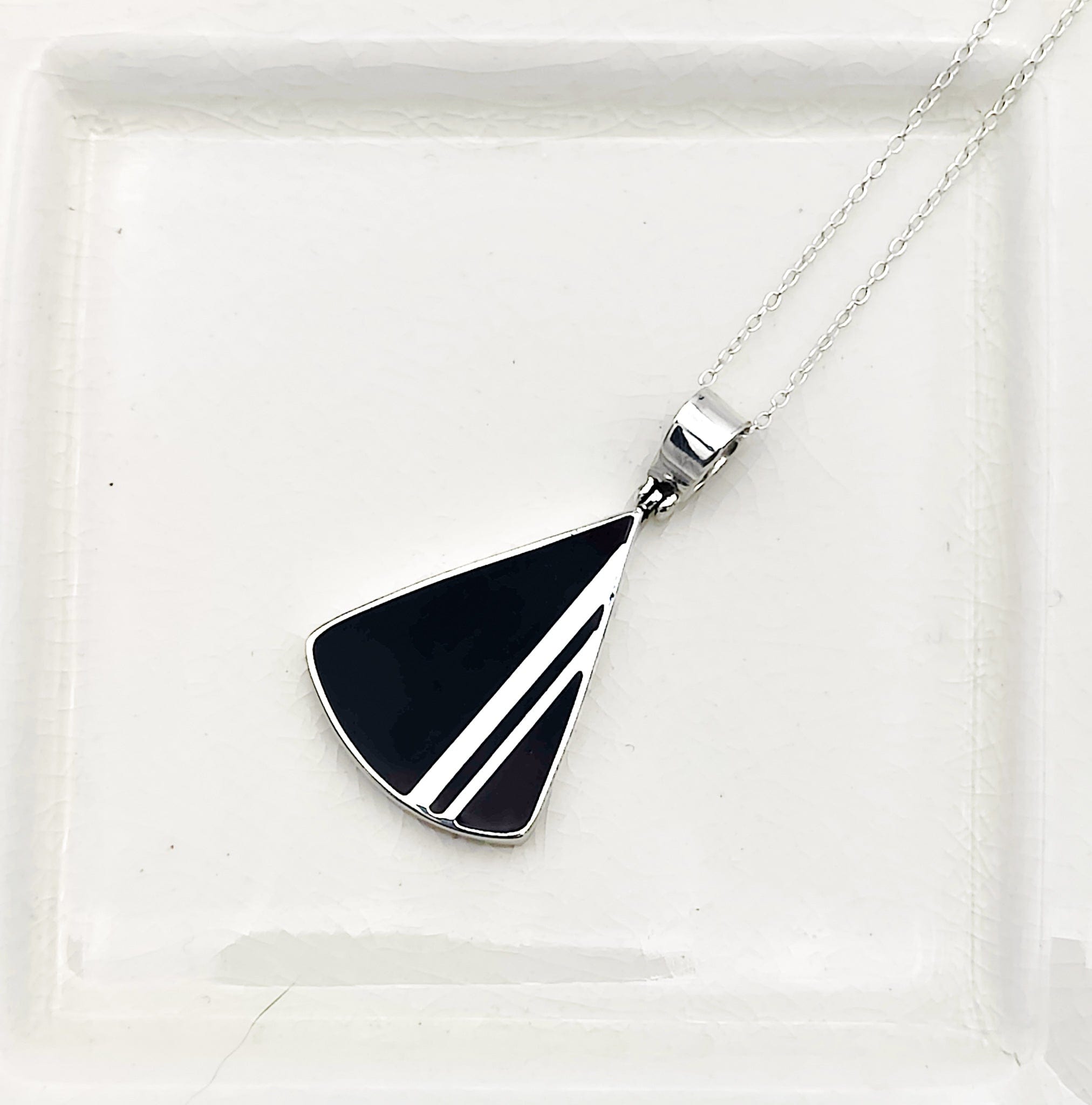 Hepburn and Hughes Art Deco Pendant | Black and Silver Triangle | Sterling Silver