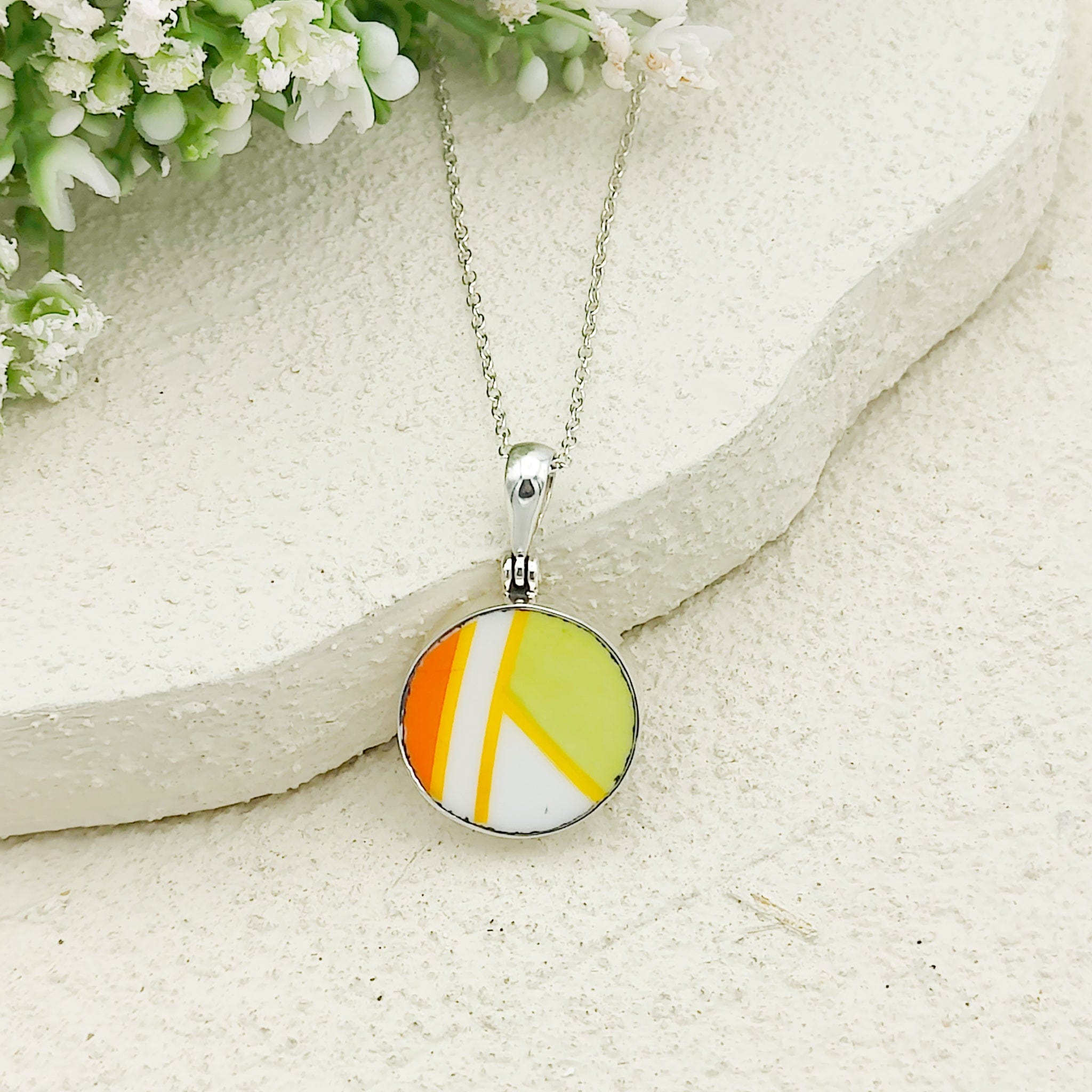 Hepburn and Hughes Art Deco Pendant | Circular Clarice Cliff necklace | 15mm diameter | Sterling Silver