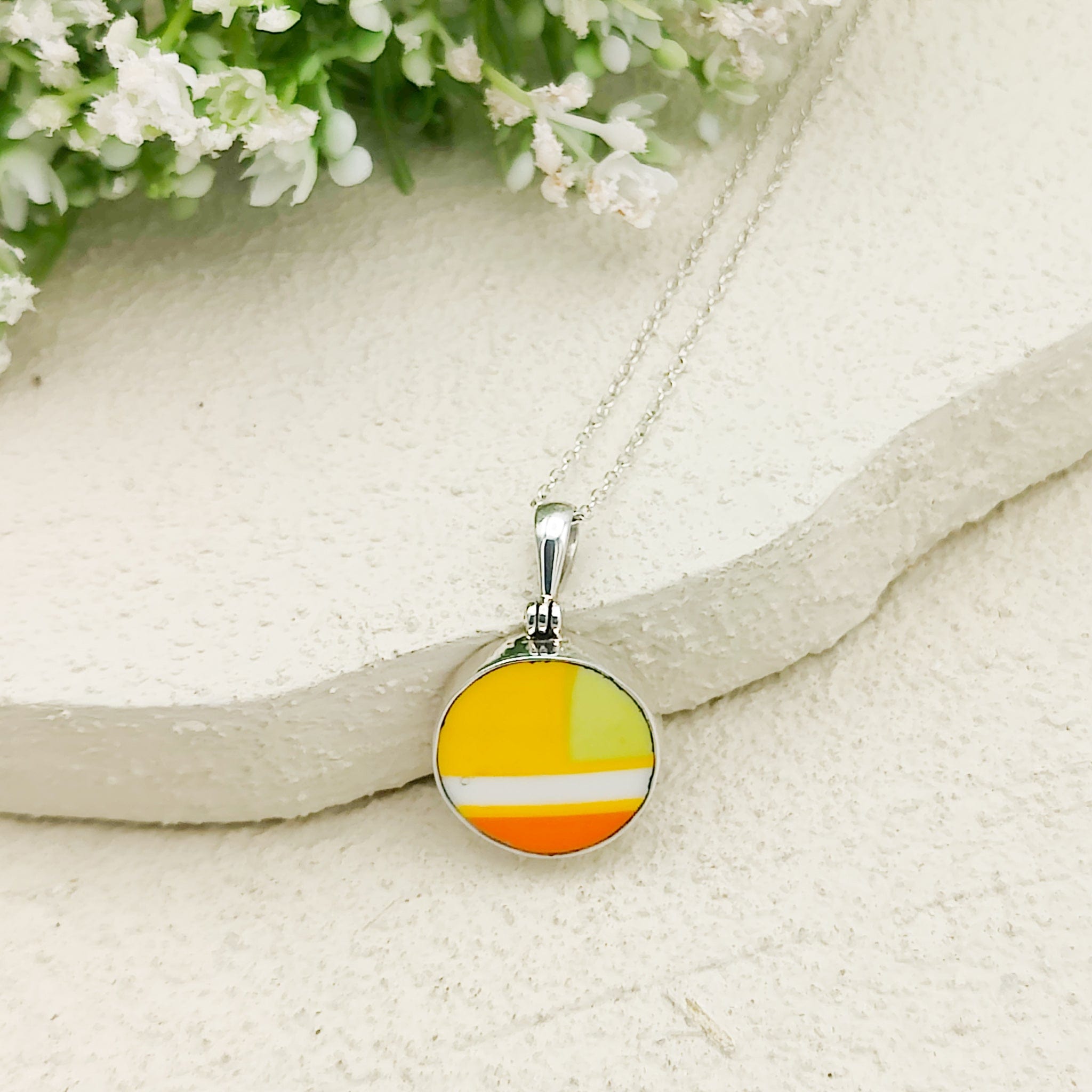 Hepburn and Hughes Art Deco Pendant | Circular Clarice Cliff necklace | 15mm diameter | Sterling Silver
