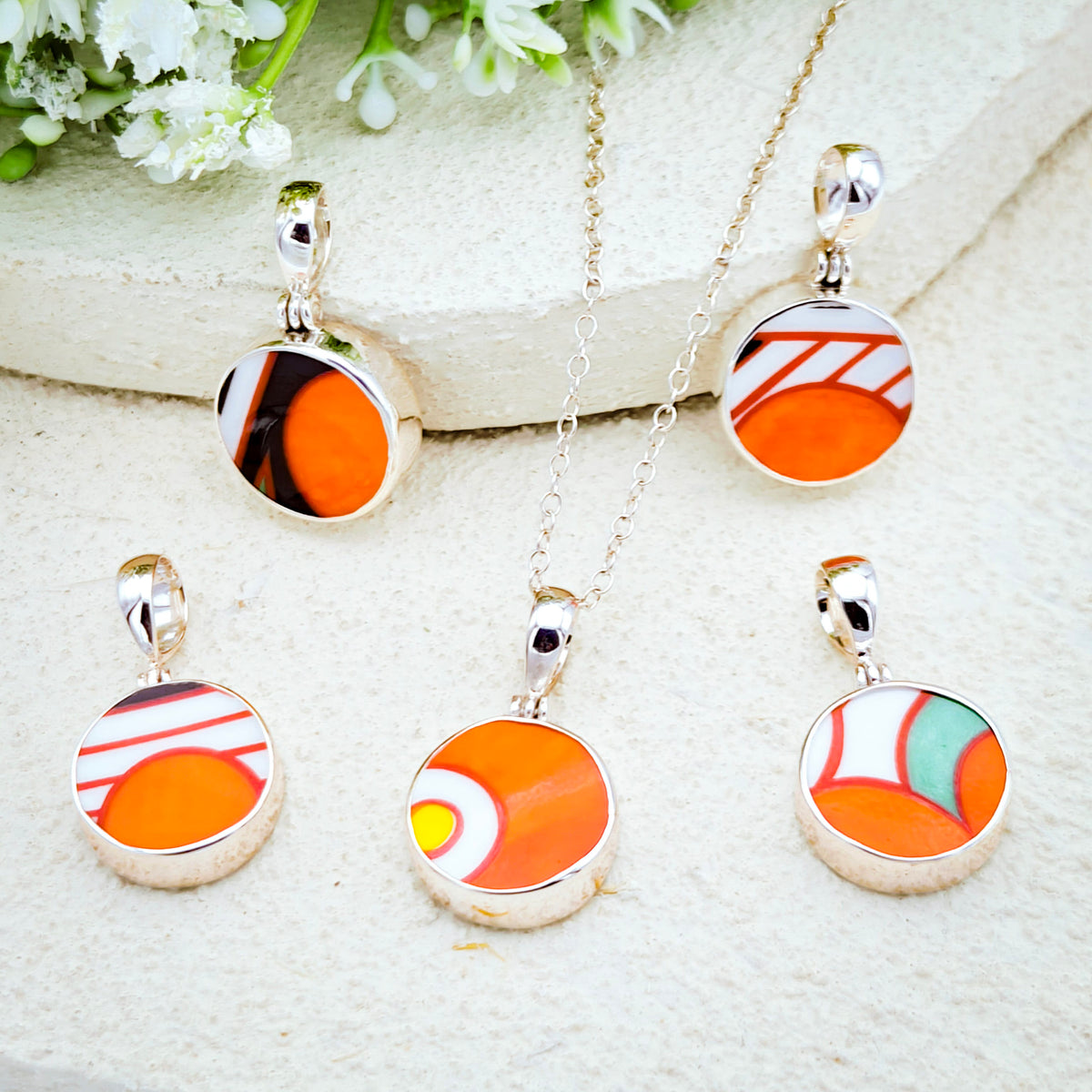 Hepburn and Hughes Art Deco Pendant | Circular Clarice Cliff Necklace | 15mm diameter | Sterling Silver