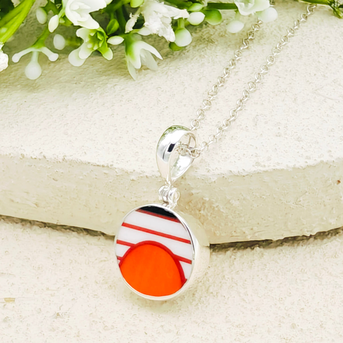 Hepburn and Hughes Art Deco Pendant | Circular Clarice Cliff Necklace | 15mm diameter | Sterling Silver