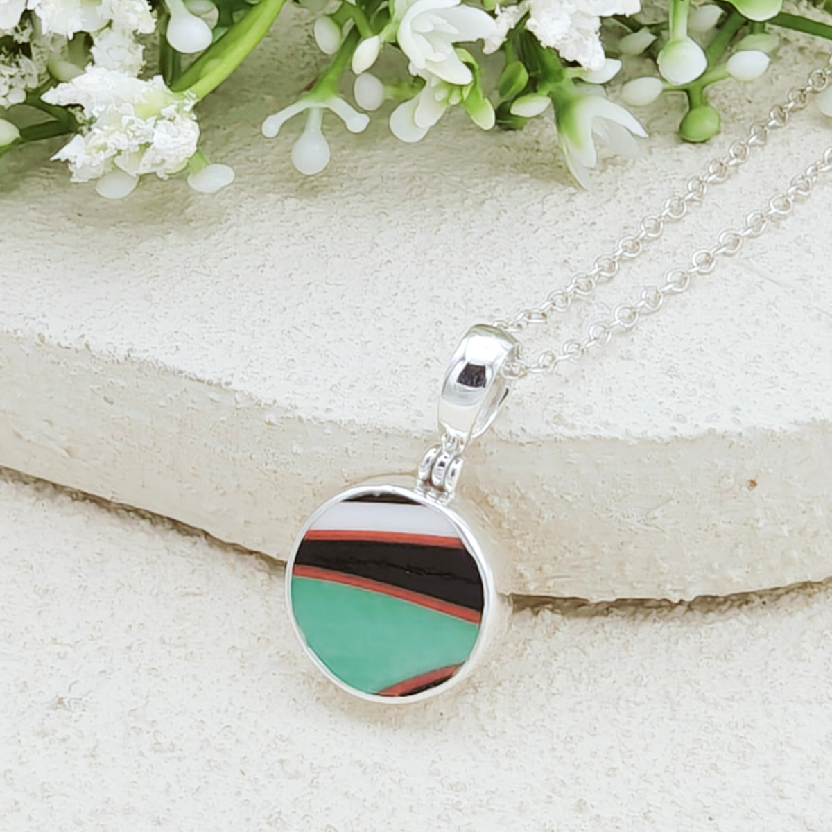 Hepburn and Hughes Art Deco Pendant | Circular Clarice Cliff Necklace | 15mm diameter | Sterling Silver