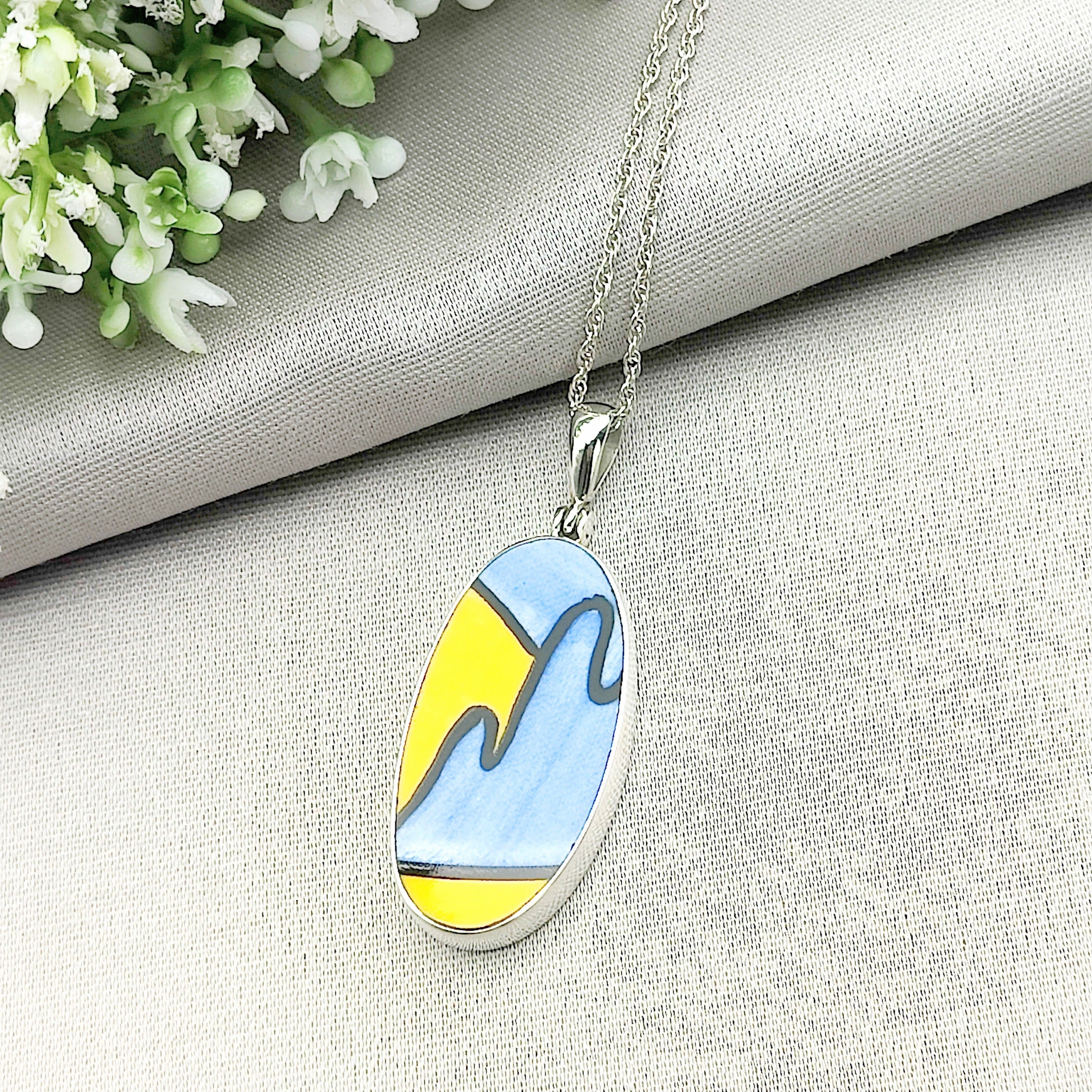 Hepburn and Hughes Art Deco Pendant | Clarice Cliff Blue Oval 35mm | Three Options | Sterling Silver