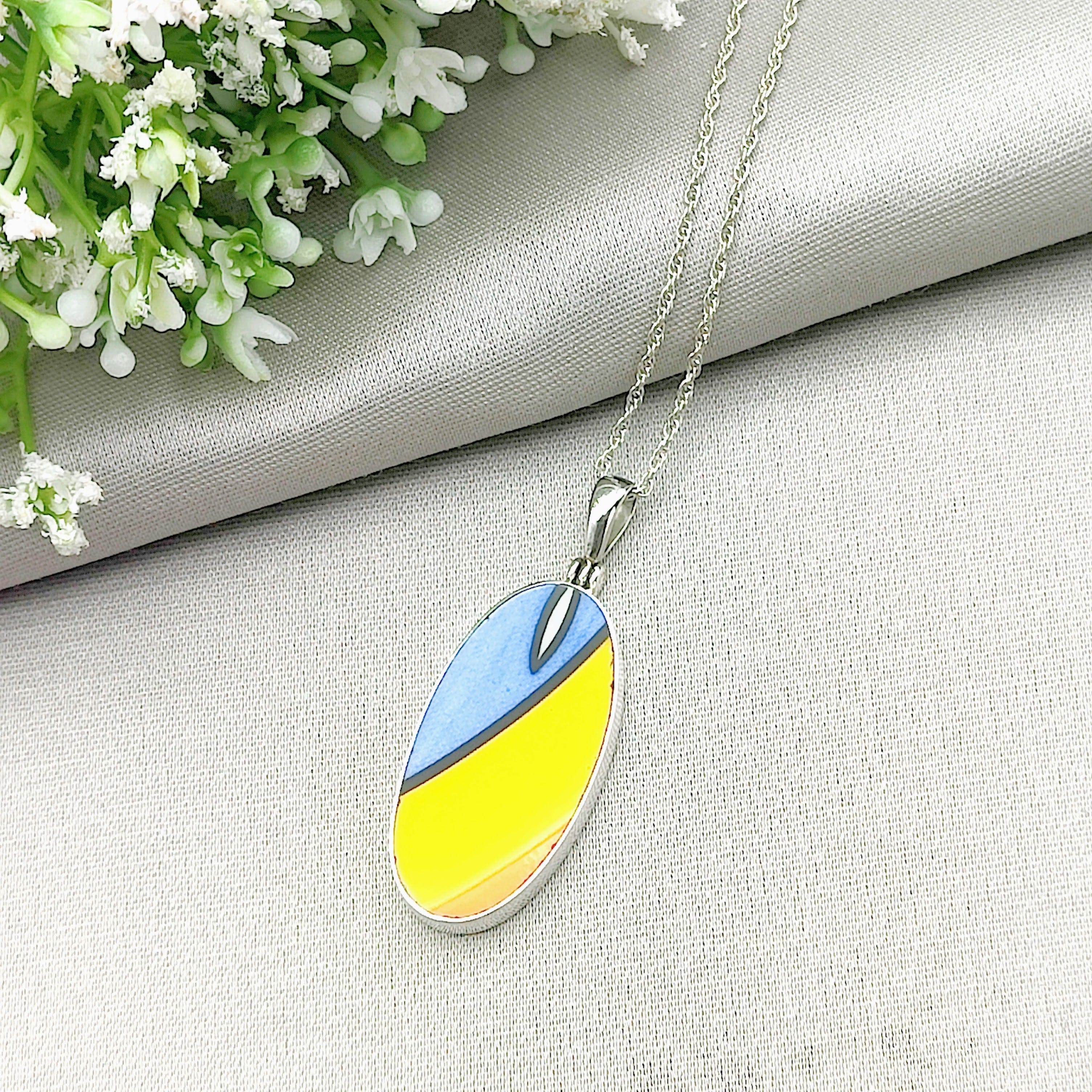 Hepburn and Hughes Art Deco Pendant | Clarice Cliff Blue Oval 35mm | Three Options | Sterling Silver