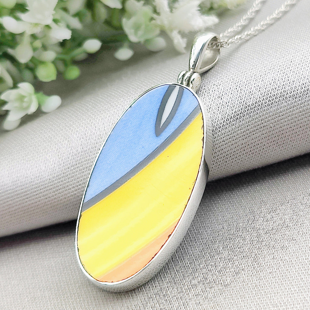Hepburn and Hughes Art Deco Pendant | Clarice Cliff Blue Oval 35mm | Three Options | Sterling Silver
