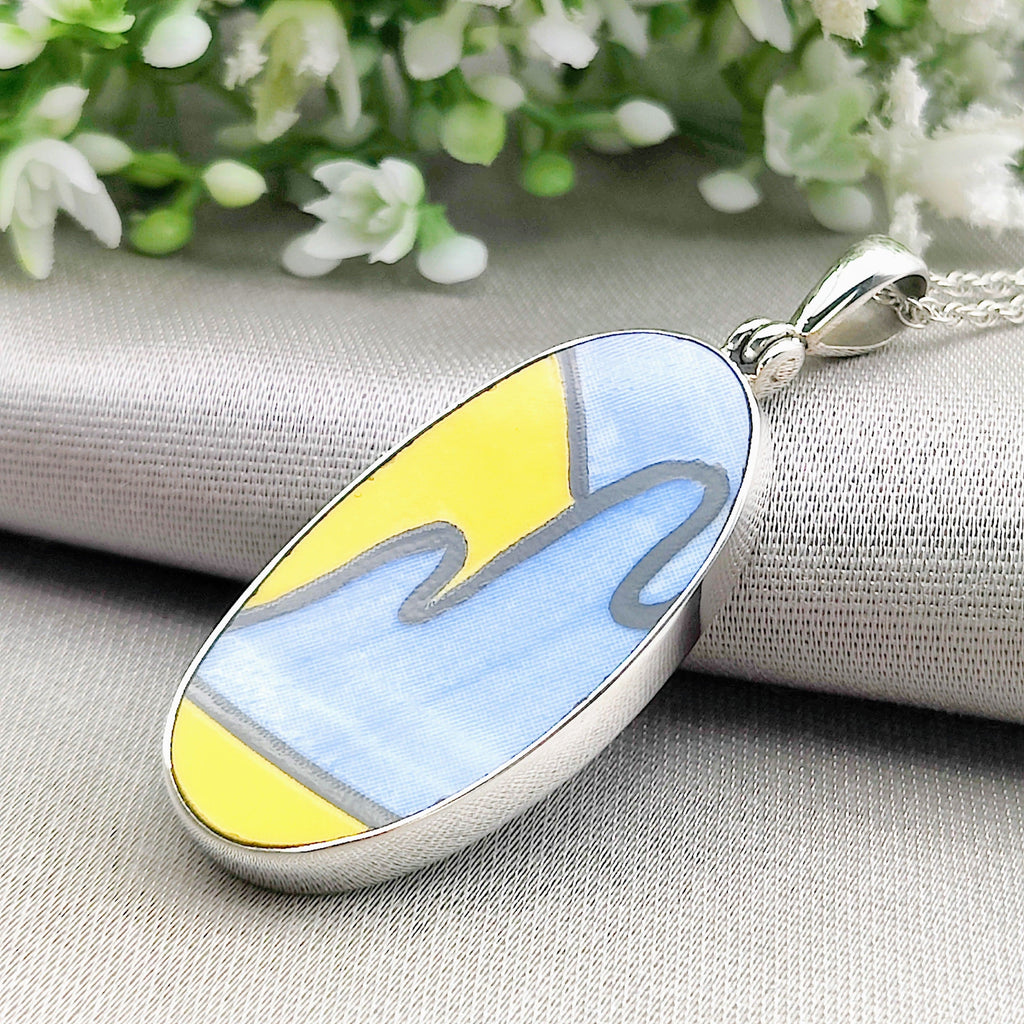 Hepburn and Hughes Art Deco Pendant | Clarice Cliff Blue Oval 35mm | Three Options | Sterling Silver