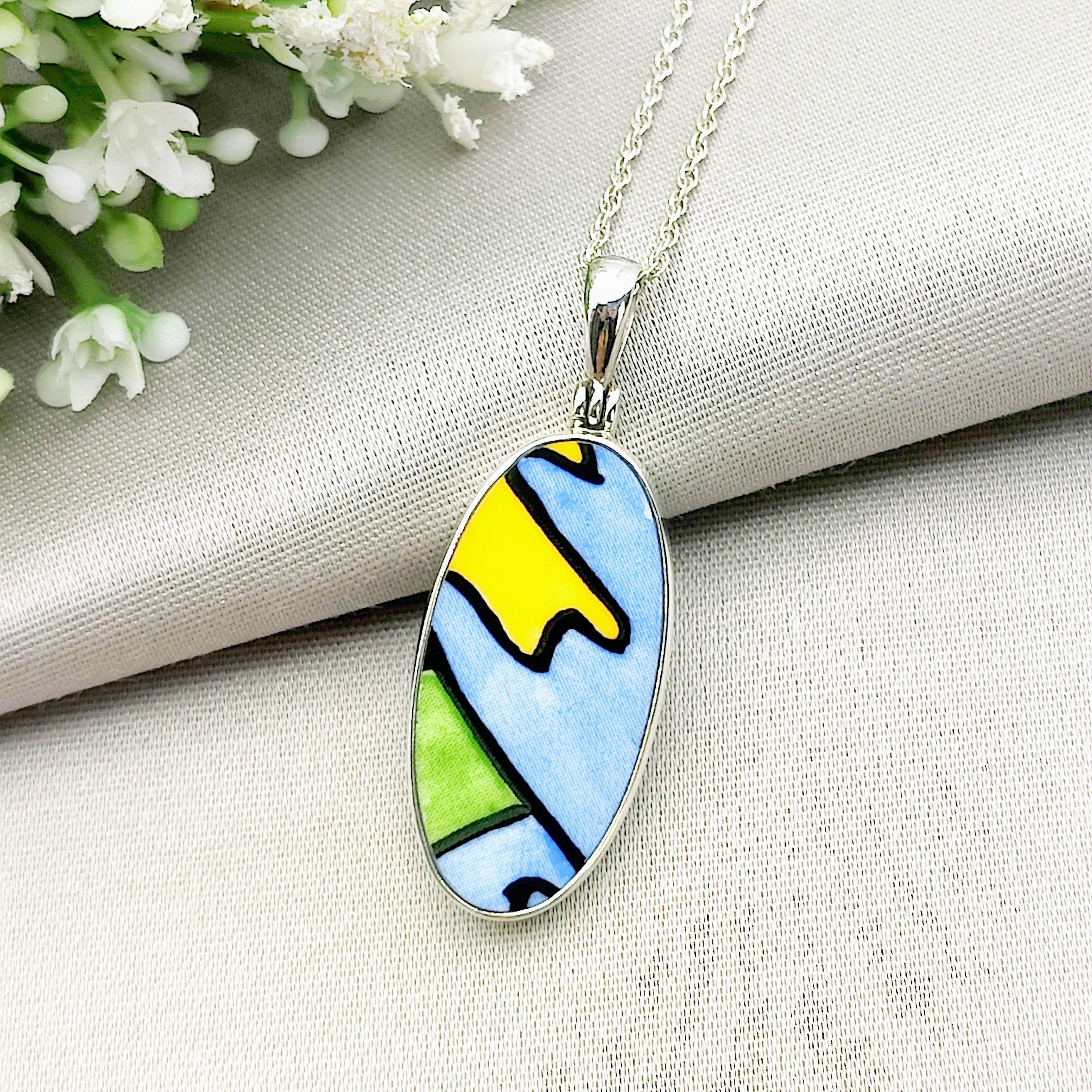 Hepburn and Hughes Art Deco Pendant | Clarice Cliff Blue Oval 35mm | Three Options | Sterling Silver