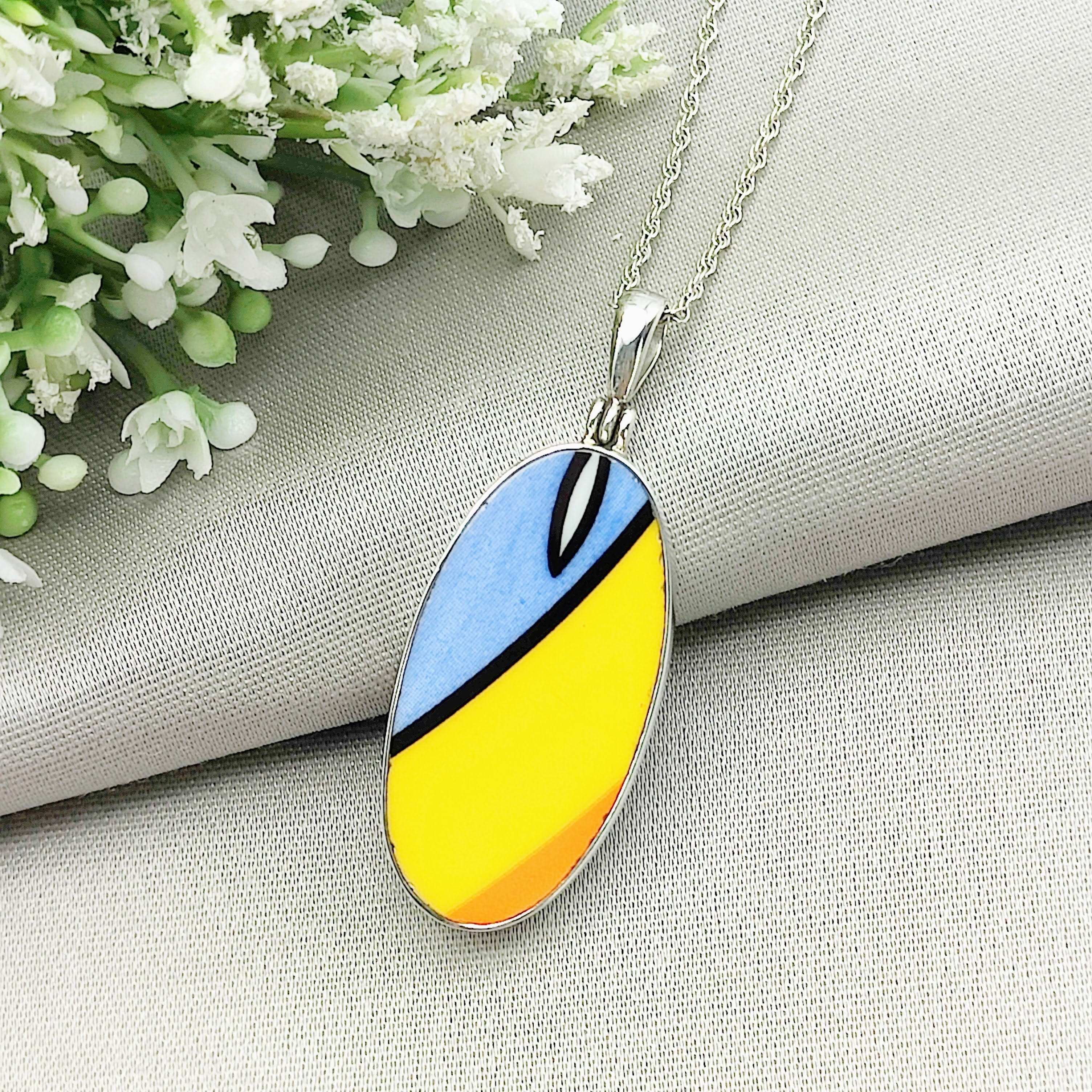 Hepburn and Hughes Art Deco Pendant | Clarice Cliff Blue Oval 35mm | Three Options | Sterling Silver