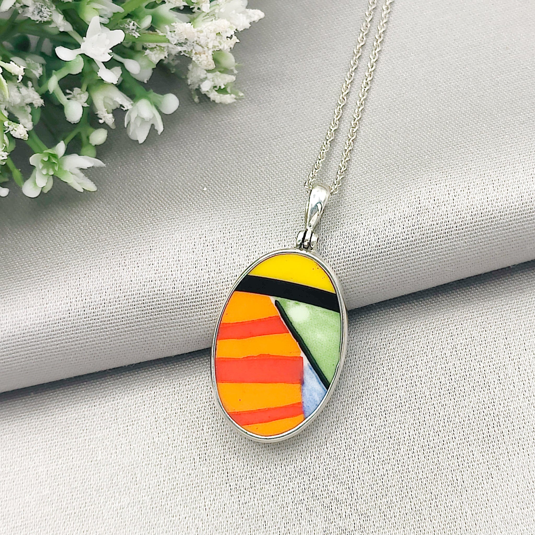 Hepburn and Hughes Art Deco Pendant | Clarice Cliff Ceramics | Oval | Sterling Silver