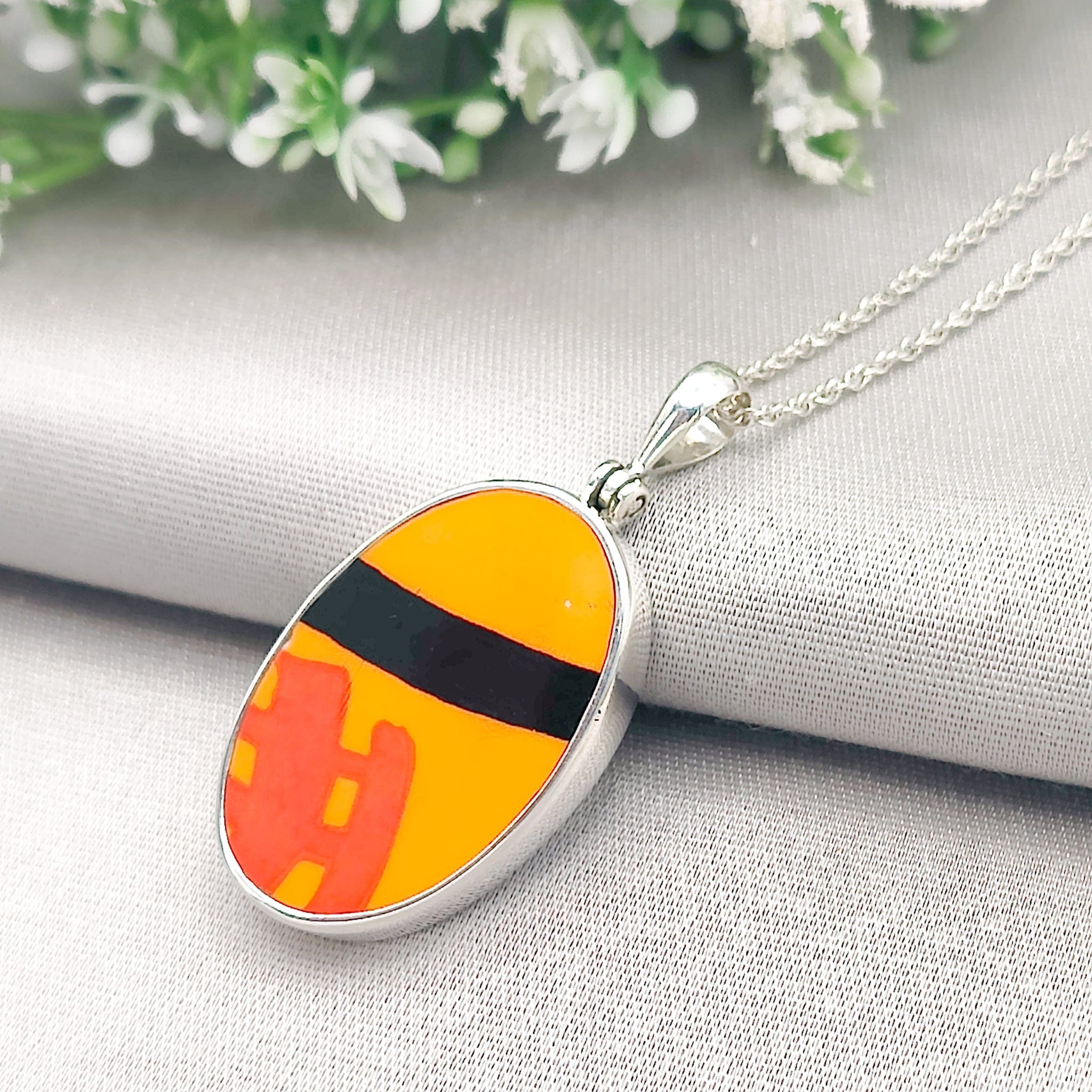 Hepburn and Hughes Art Deco Pendant | Clarice Cliff Ceramics | Oval | Sterling Silver