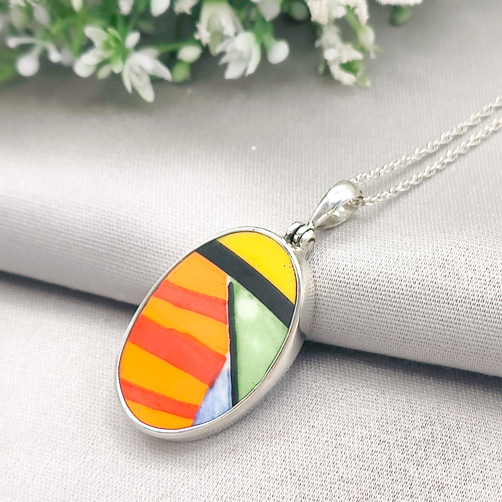 Hepburn and Hughes Art Deco Pendant | Clarice Cliff Ceramics | Oval | Sterling Silver