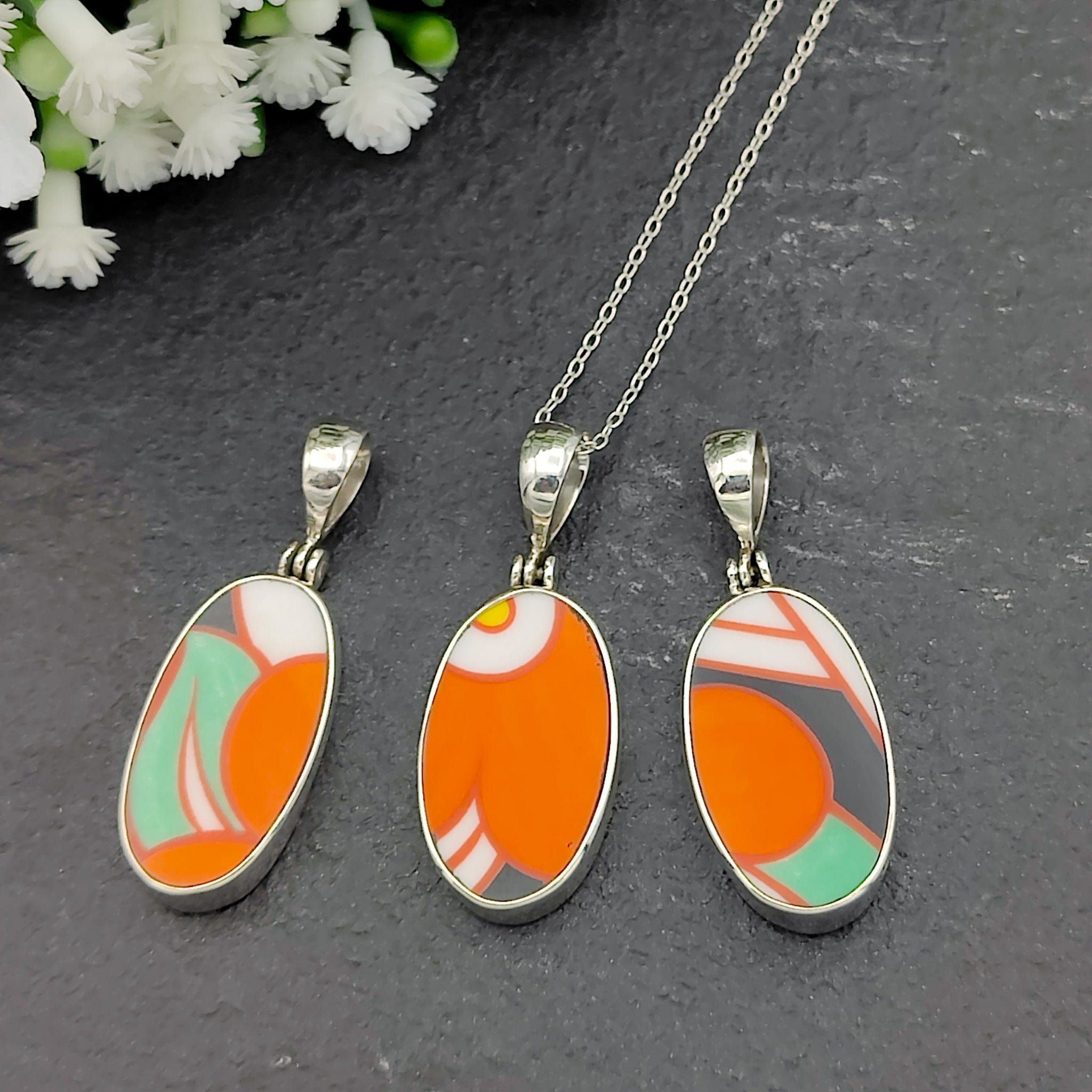 Hepburn and Hughes Art Deco Pendant | Clarice Cliff Gift | Orange 25mm Oval | Sterling Silver