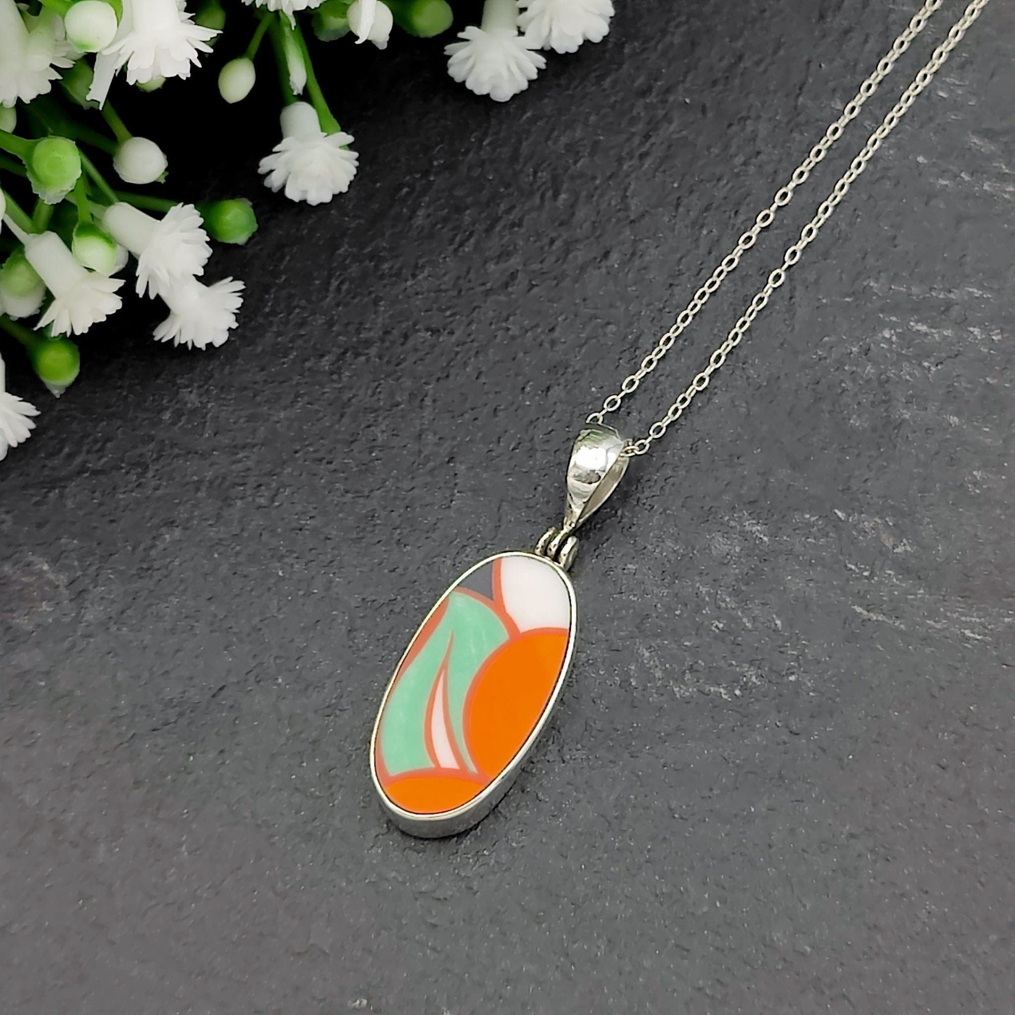 Hepburn and Hughes Art Deco Pendant | Clarice Cliff Gift | Orange 25mm Oval | Sterling Silver