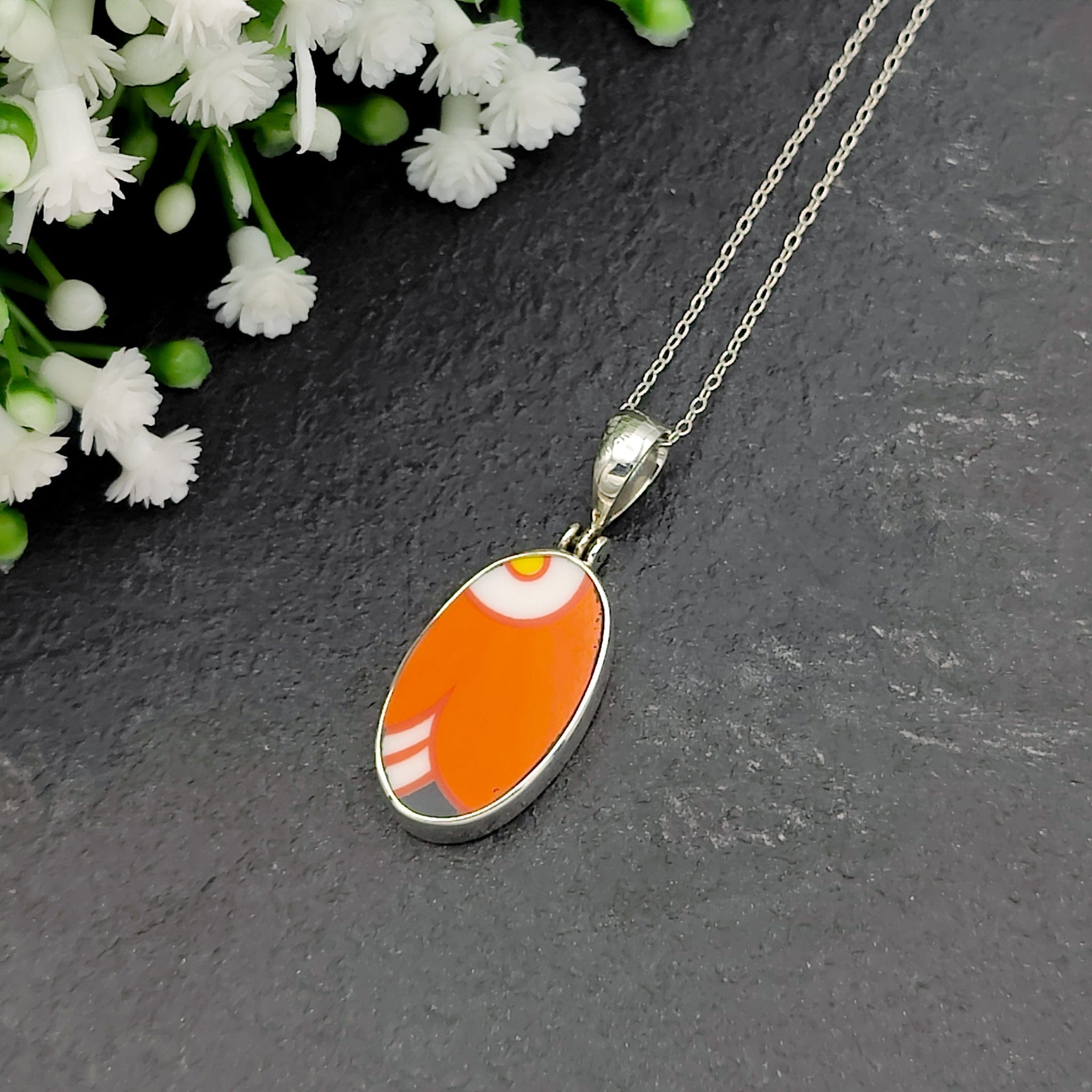 Hepburn and Hughes Art Deco Pendant | Clarice Cliff Gift | Orange 25mm Oval | Sterling Silver