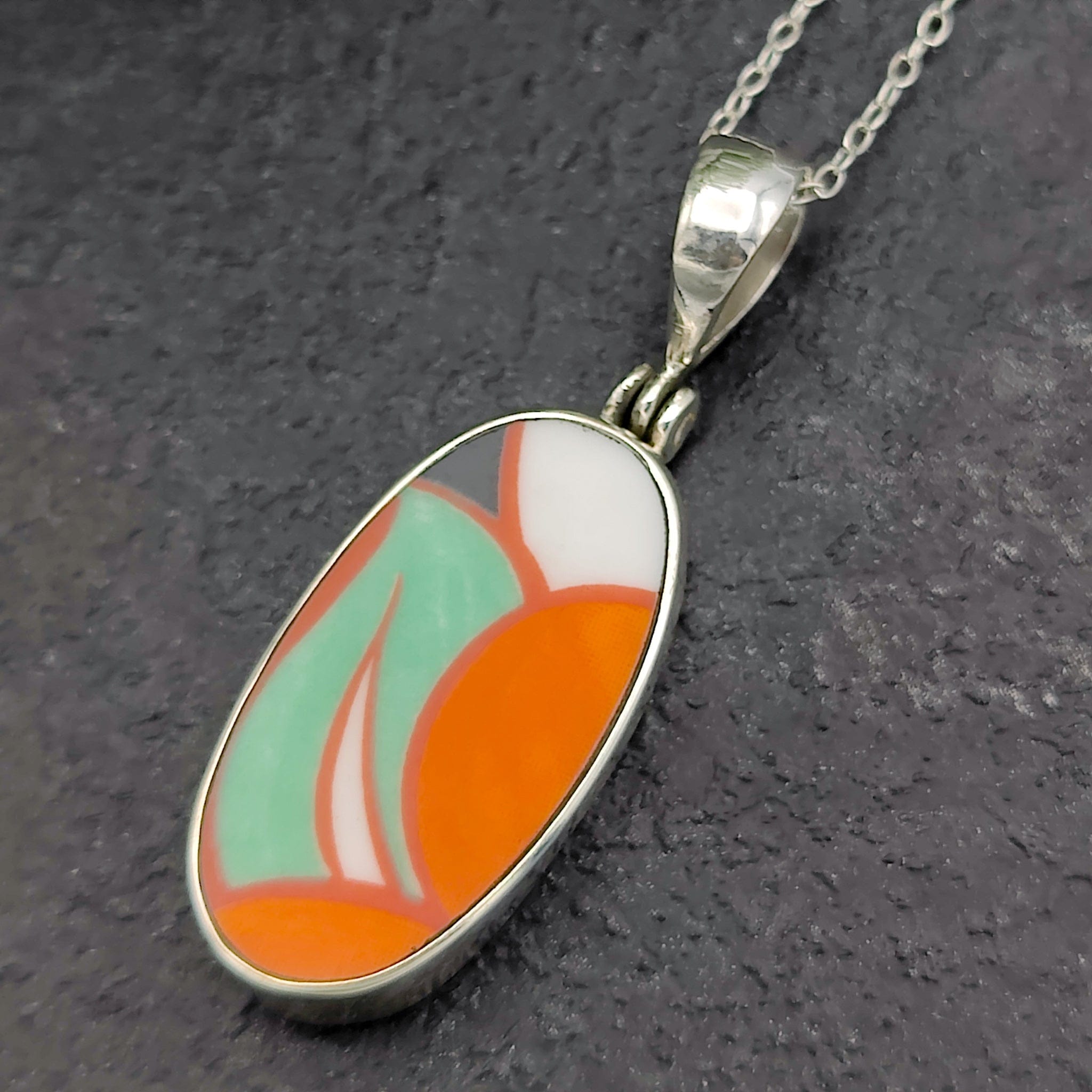 Hepburn and Hughes Art Deco Pendant | Clarice Cliff Gift | Orange 25mm Oval | Sterling Silver