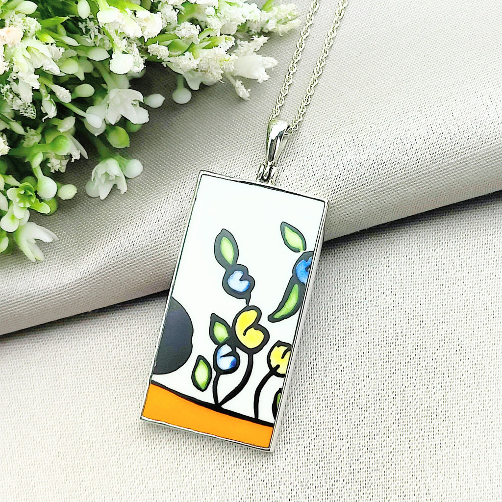 Hepburn and Hughes Art Deco Pendant | Clarice Cliff necklace | Large Rectangle | Sterling Silver