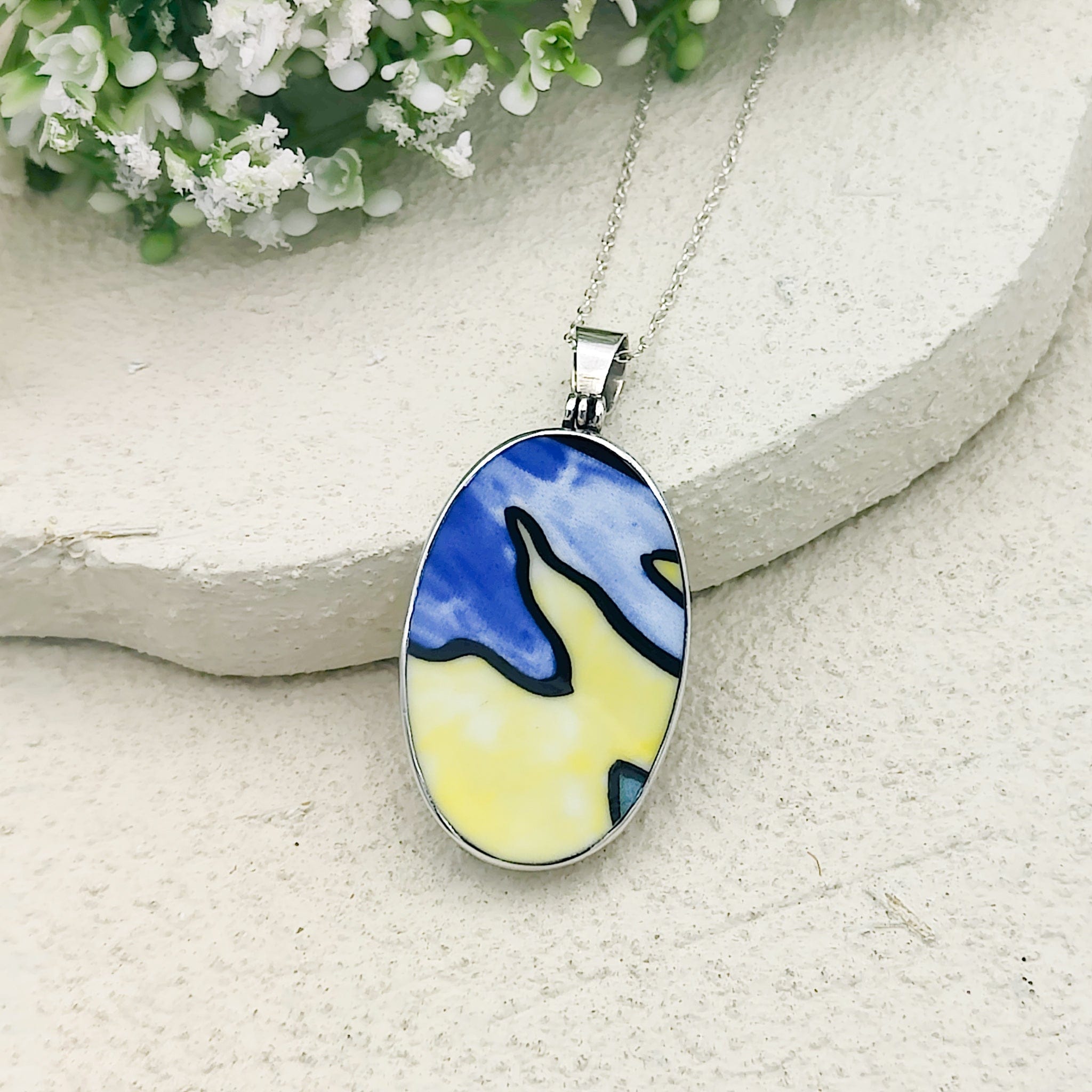 Hepburn and Hughes Art Deco Pendant | Clarice Cliff Oval Necklace 35mm | Sterling Silver and Ceramic
