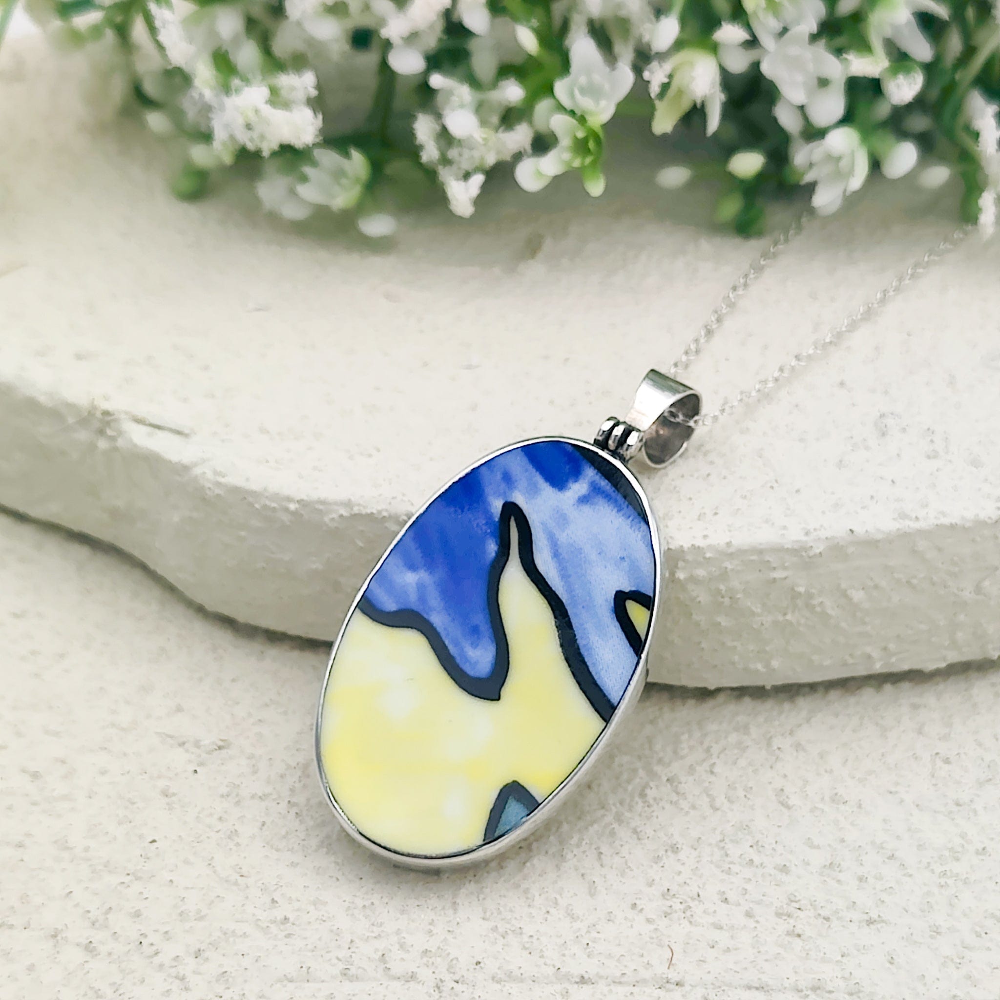 Hepburn and Hughes Art Deco Pendant | Clarice Cliff Oval Necklace 35mm | Sterling Silver and Ceramic