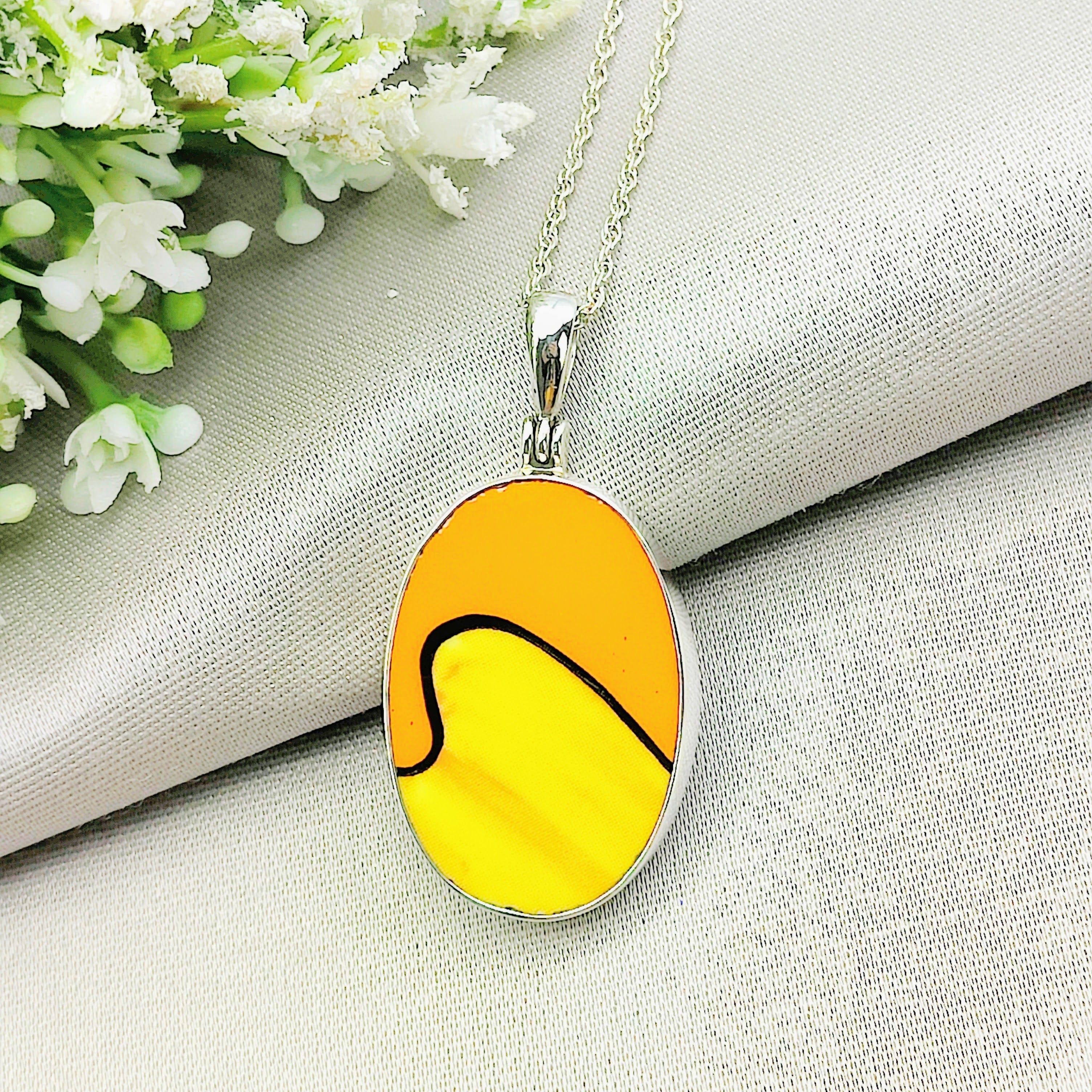 Hepburn and Hughes Art Deco Pendant | Clarice Cliff Oval Necklace 35mm | Sterling Silver and Ceramic