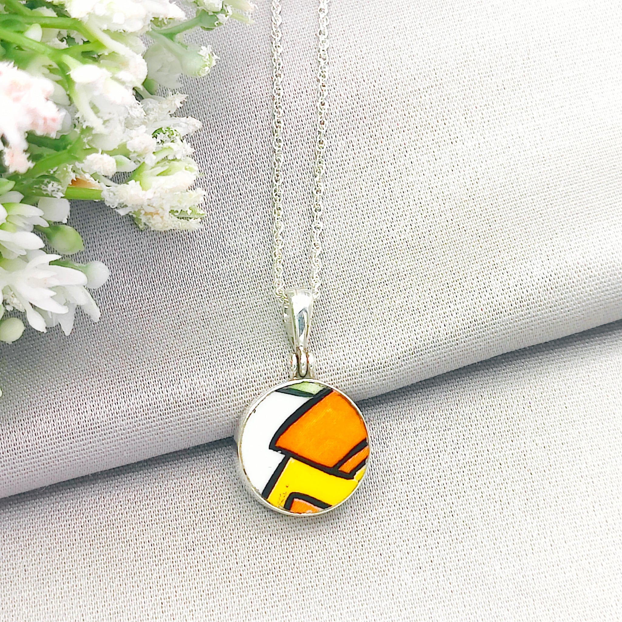 Hepburn and Hughes Art Deco Pendant | Clarice Cliff Pottery | 17mm Circle |  Sterling Silver