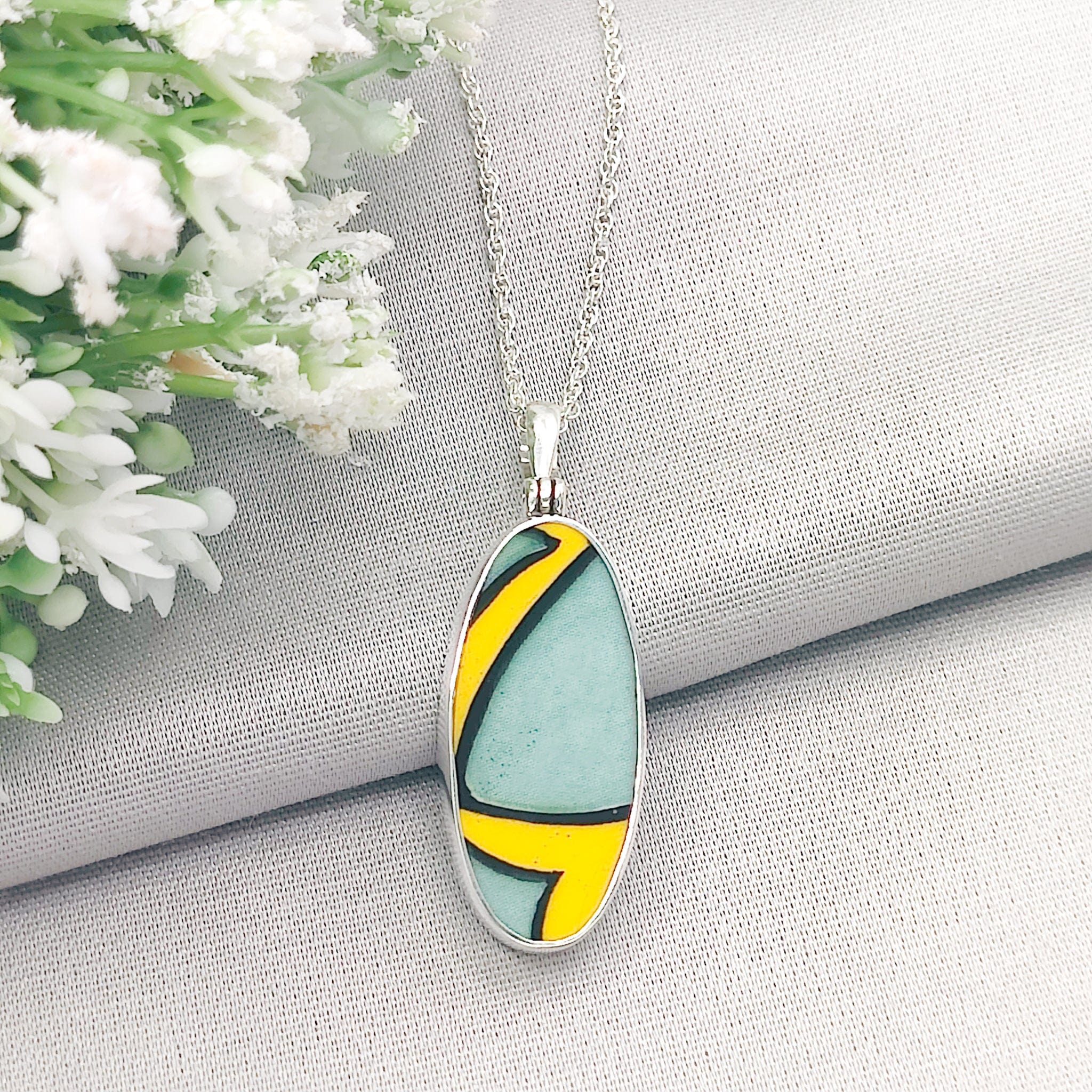 Hepburn and Hughes Art Deco Pendant | Clarice Cliff Pottery | 22mm Oval |  Sterling Silver