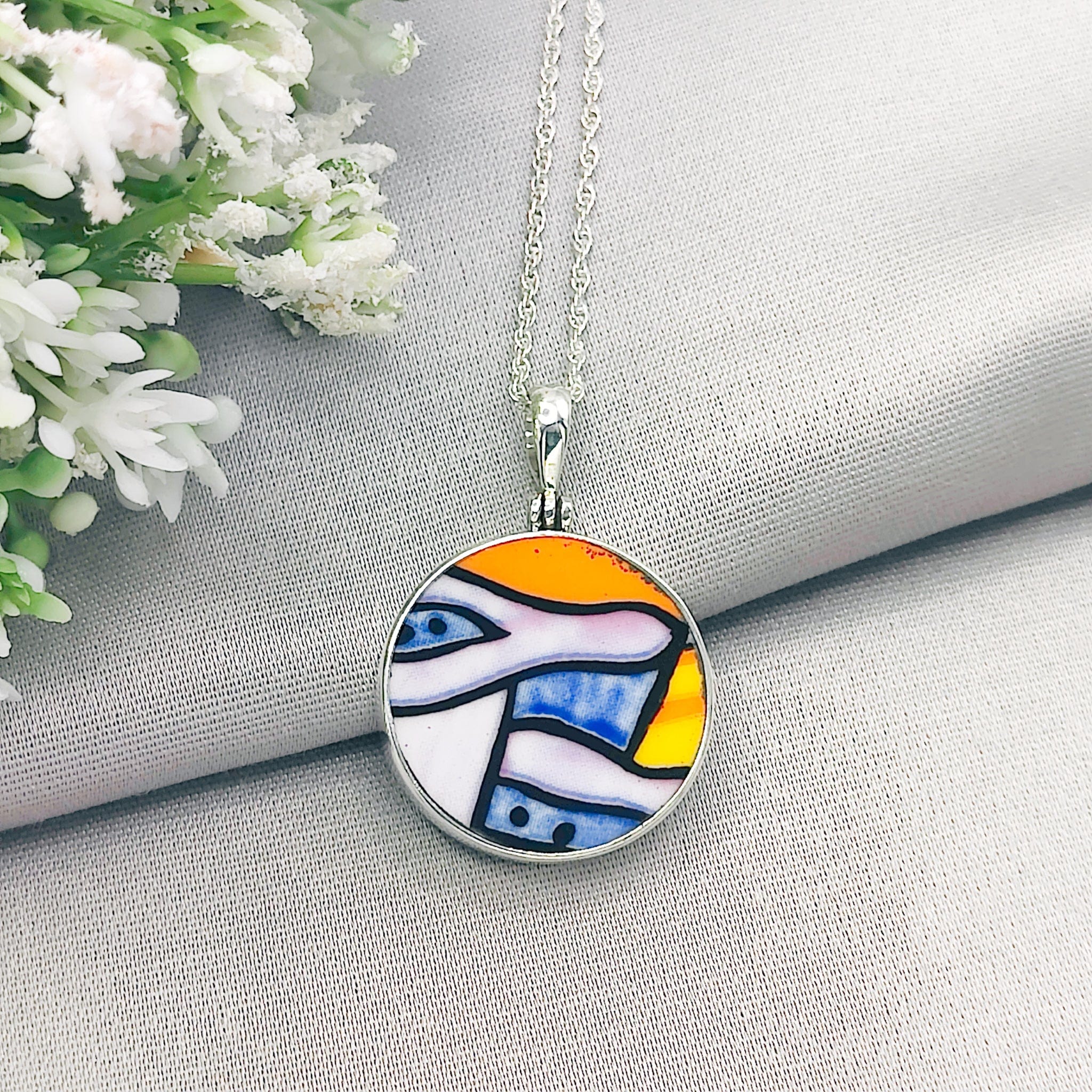 Hepburn and Hughes Art Deco Pendant | Clarice Cliff Pottery | 25mm Circle |  Sterling Silver