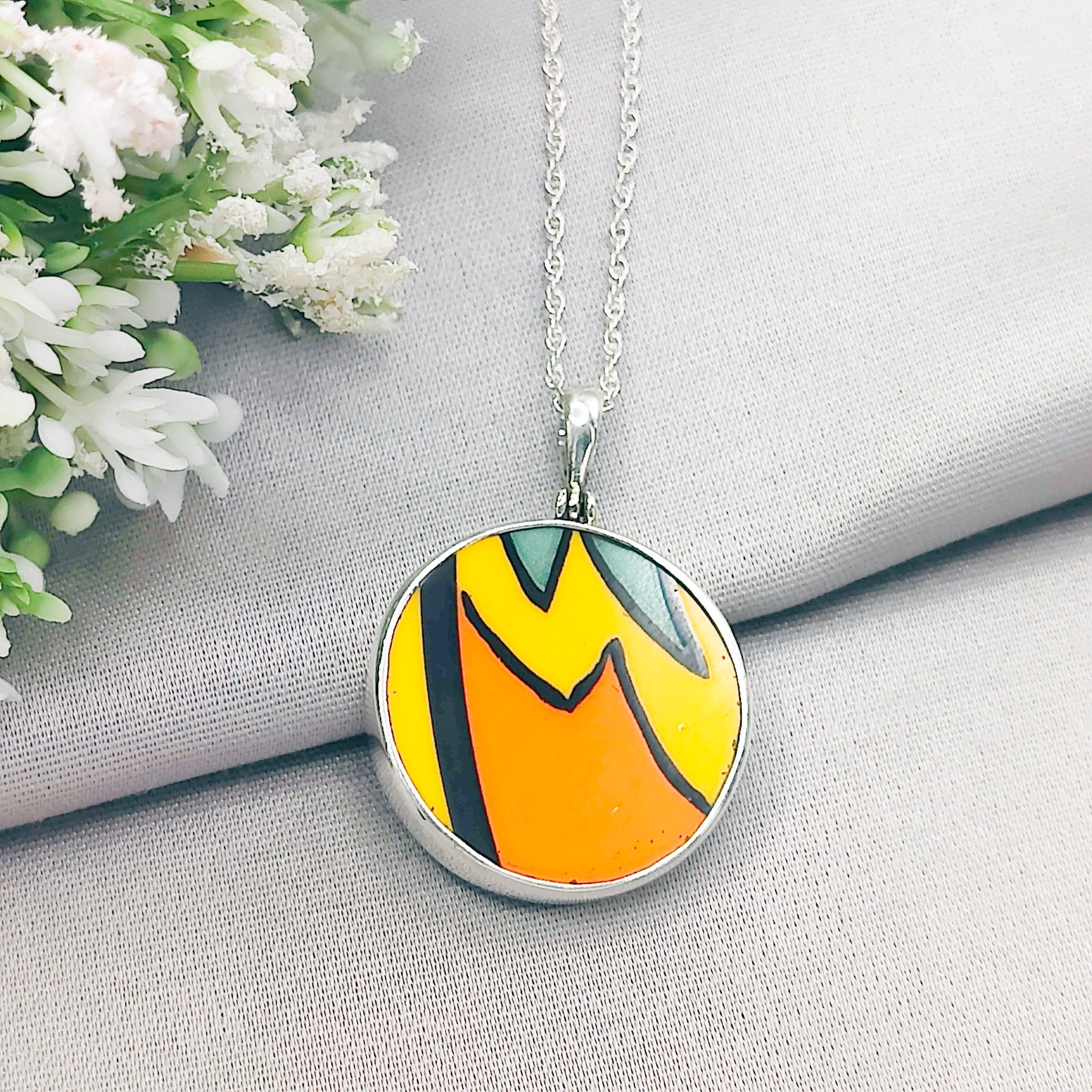 Hepburn and Hughes Art Deco Pendant | Clarice Cliff Pottery | 28mm Circle |  Sterling Silver