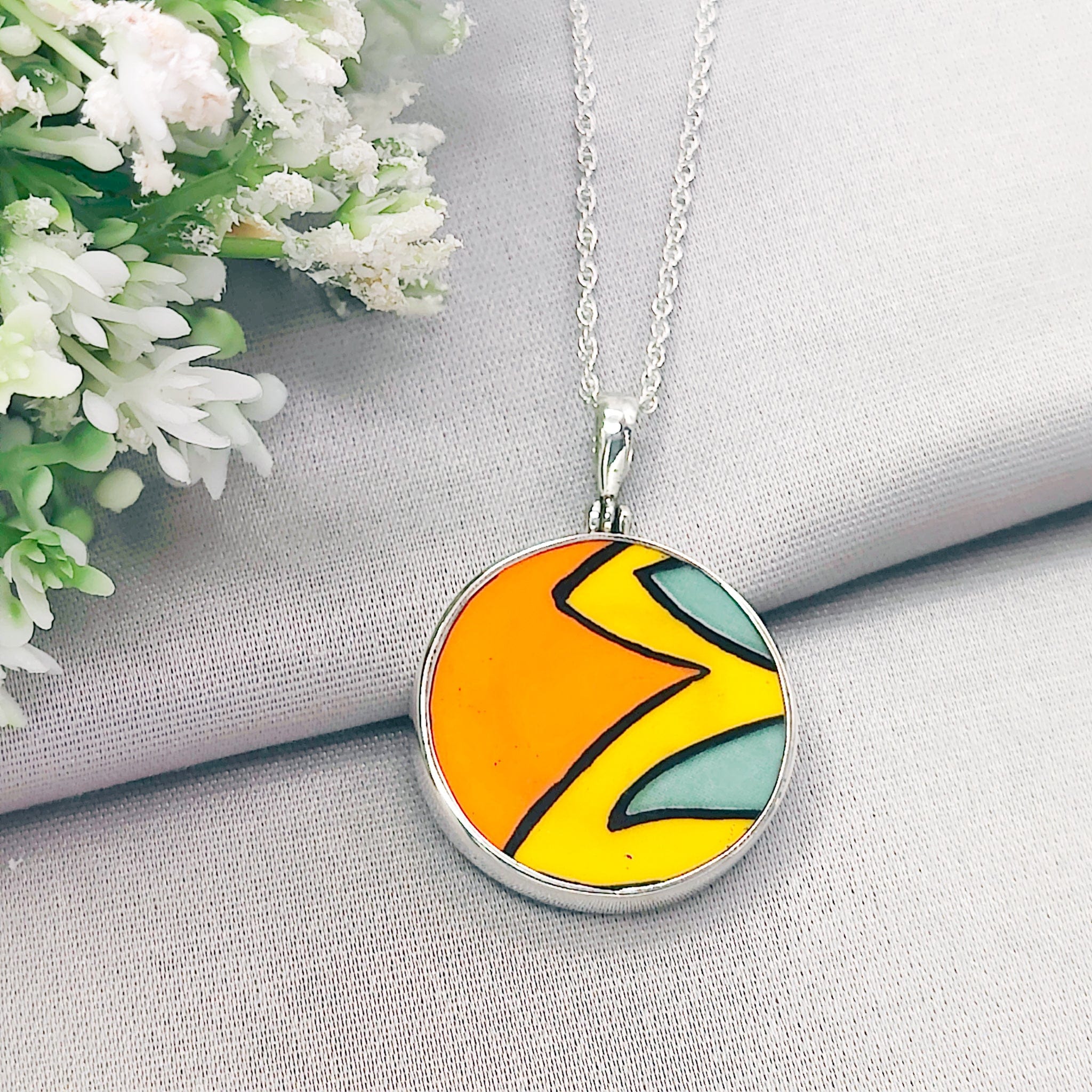 Hepburn and Hughes Art Deco Pendant | Clarice Cliff Pottery | 28mm Circle |  Sterling Silver