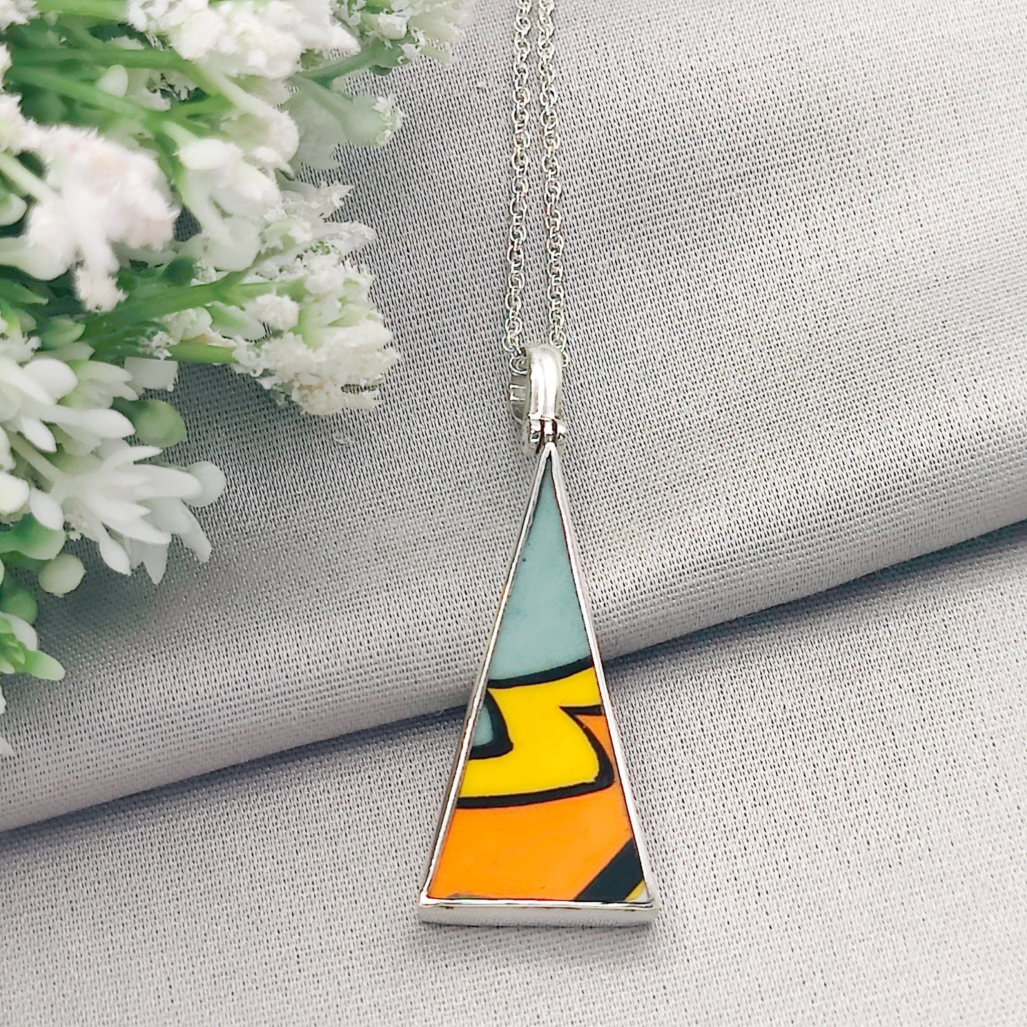 Hepburn and Hughes Art Deco Pendant | Clarice Cliff Pottery | 38mm Triangle |  Sterling Silver