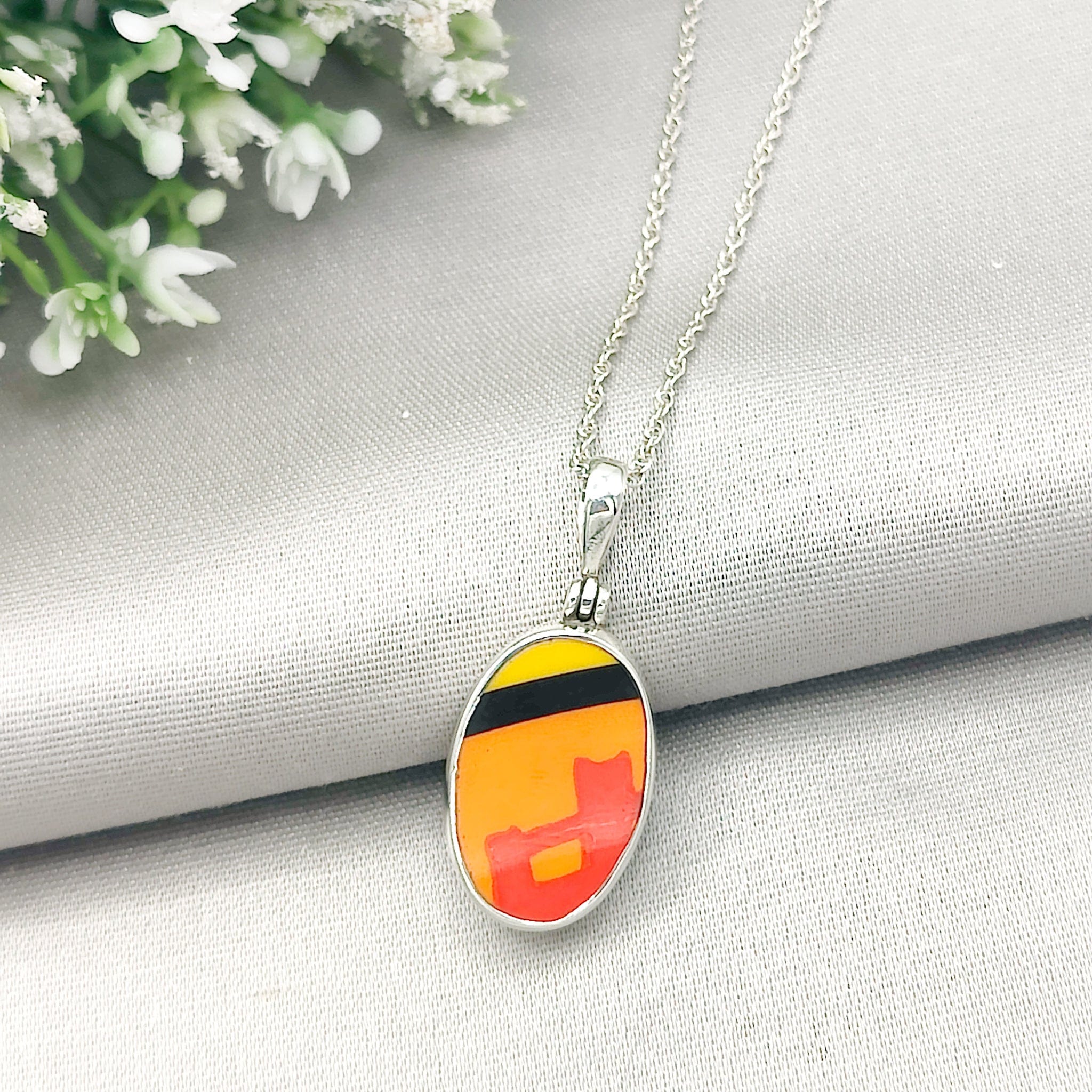 Hepburn and Hughes Art Deco Pendant | Clarice Cliff Pottery Necklaces | Oval | Sterling Silver